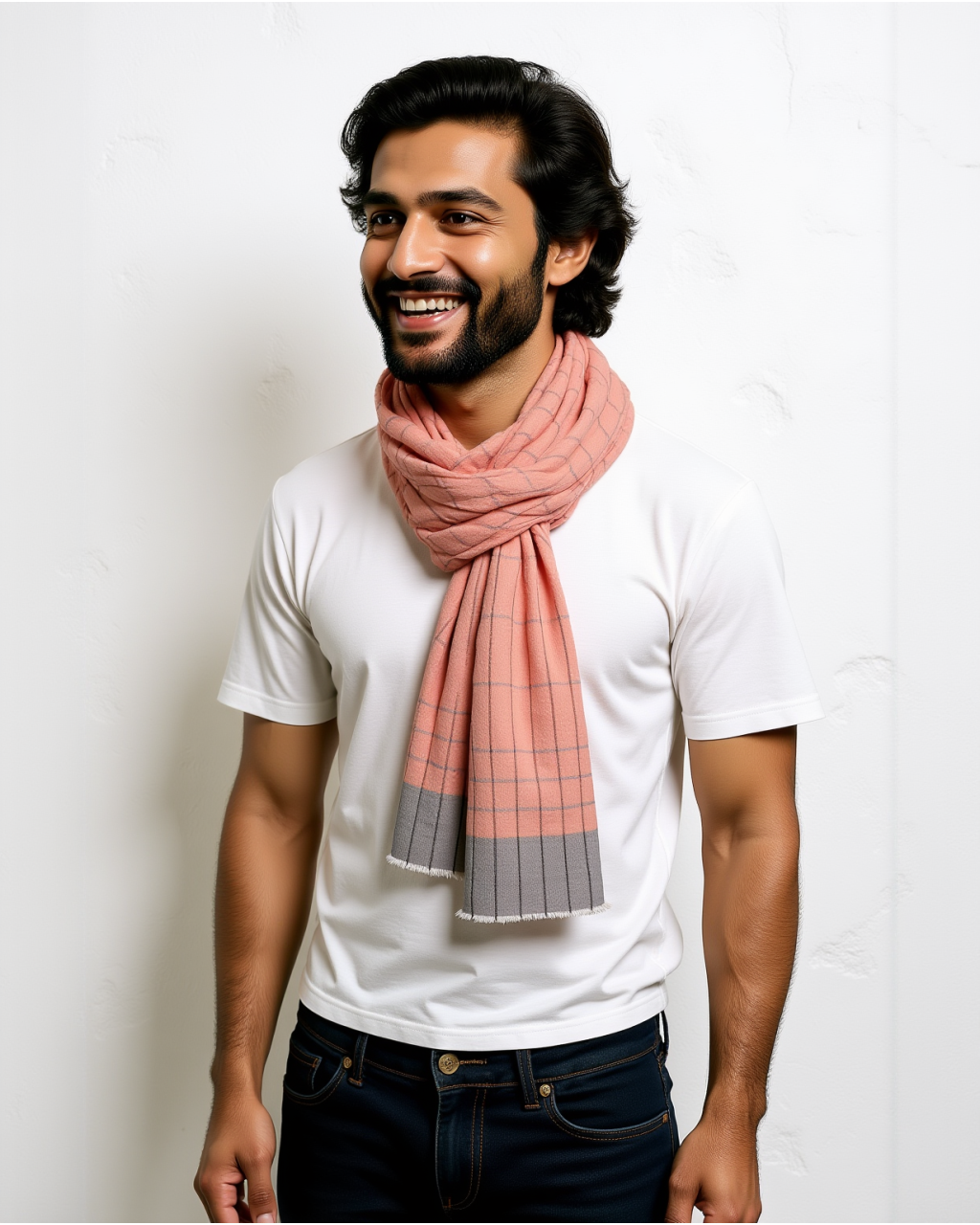 (408) Cotton, merino wool Azo-free dyed stole from Nagaland - Grey, peach, vertical stripes, horizontal stripes