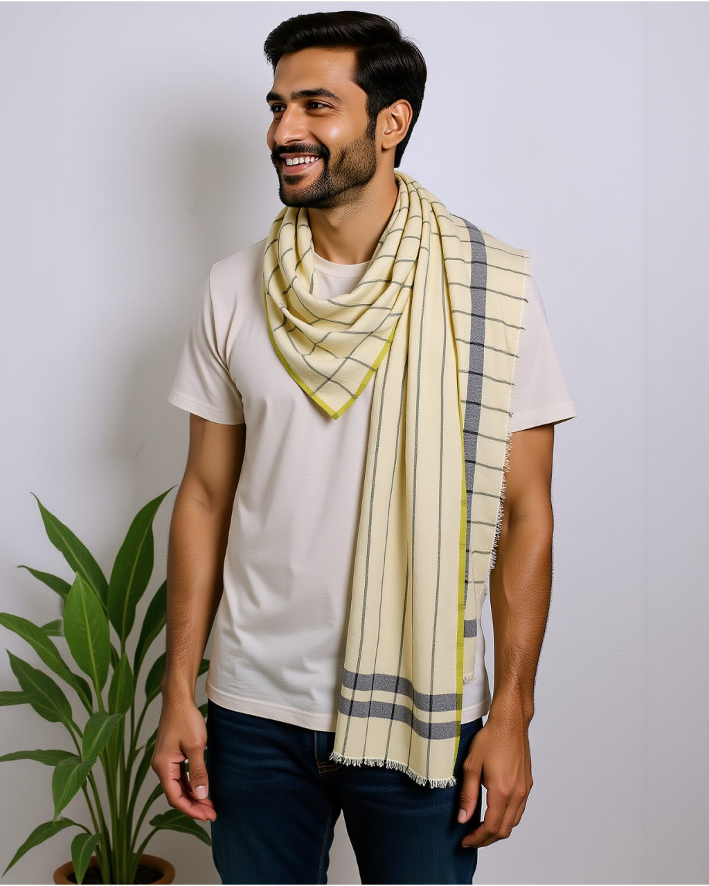 (433) Cotton, merino wool Azo-free dyed stole from Nagaland - Yellow, blue, vertical stripes, horizontal stripes