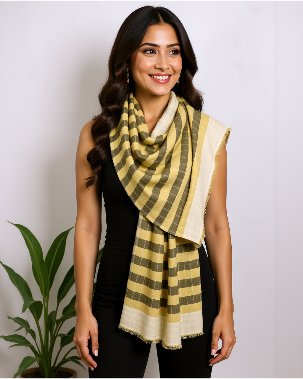 (291) Eri silk, cotton, mulberry silk Azo free dyed stole from Uttarakhand - Yellow, checks