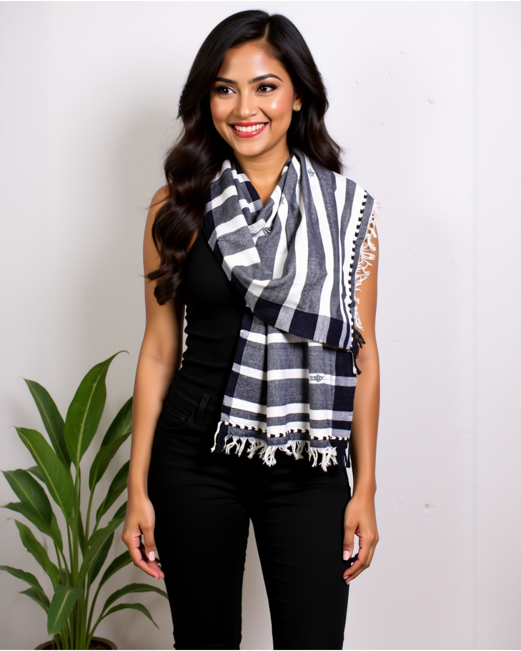 (1212) Cotton Azo-free dyed Kutchy stole from Kutch with cotton motifs and cotton motifs - Black, white, stripes, motif