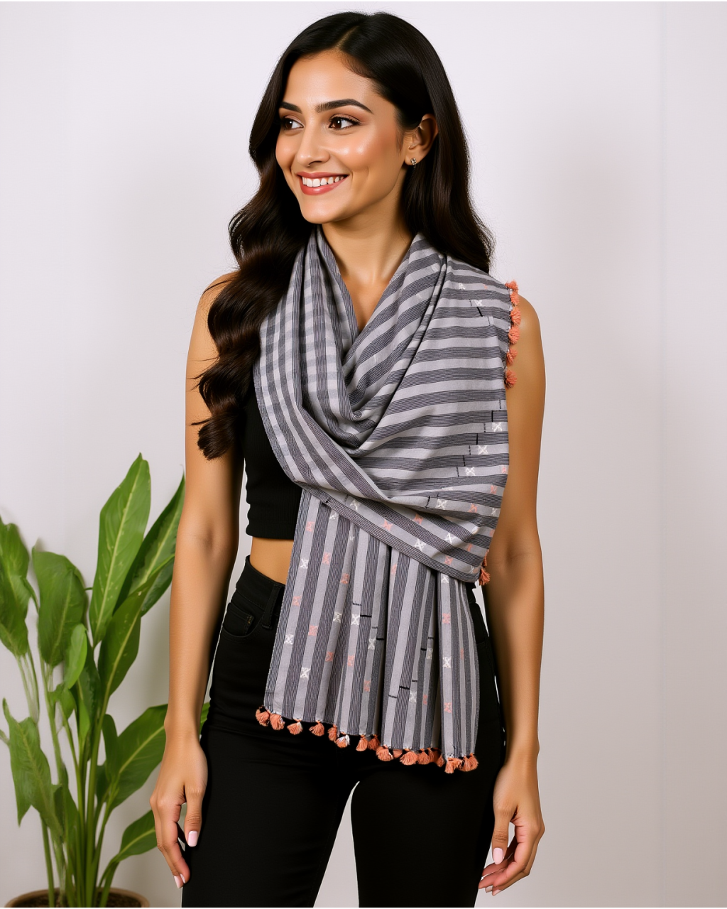 (2153) Cotton Azo-free dyed Kutchy stole from Kutch with cotton motifs and cotton motifs - Grey, black, white, stripes, motif, pompoms