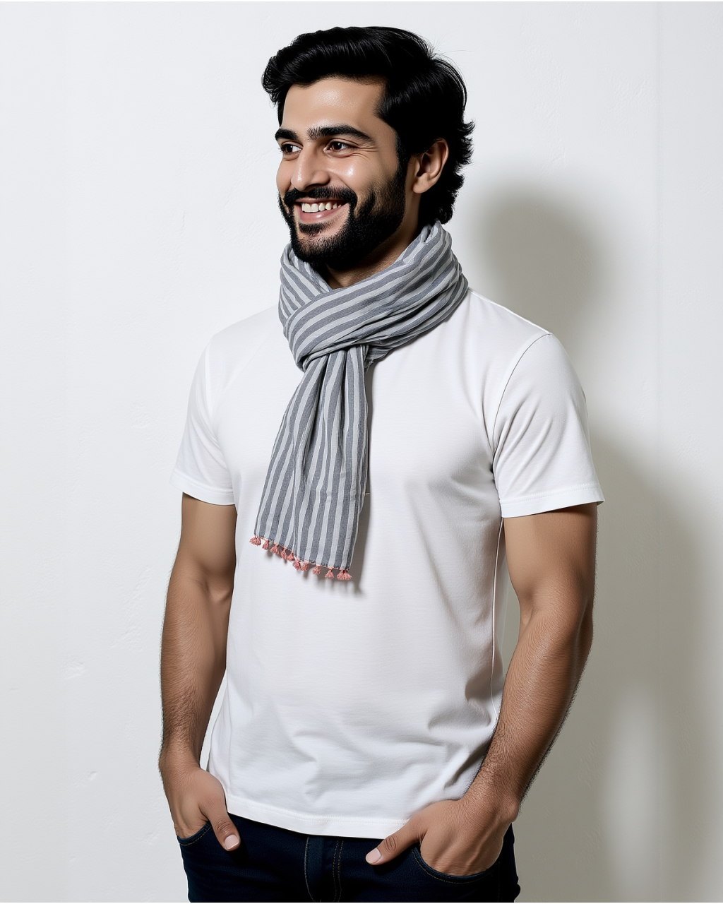 (2154) Cotton Azo-free dyed Kutchy stole from Kutch with cotton extra-weft - Grey, white, orange, black, pompoms, stripes, textured