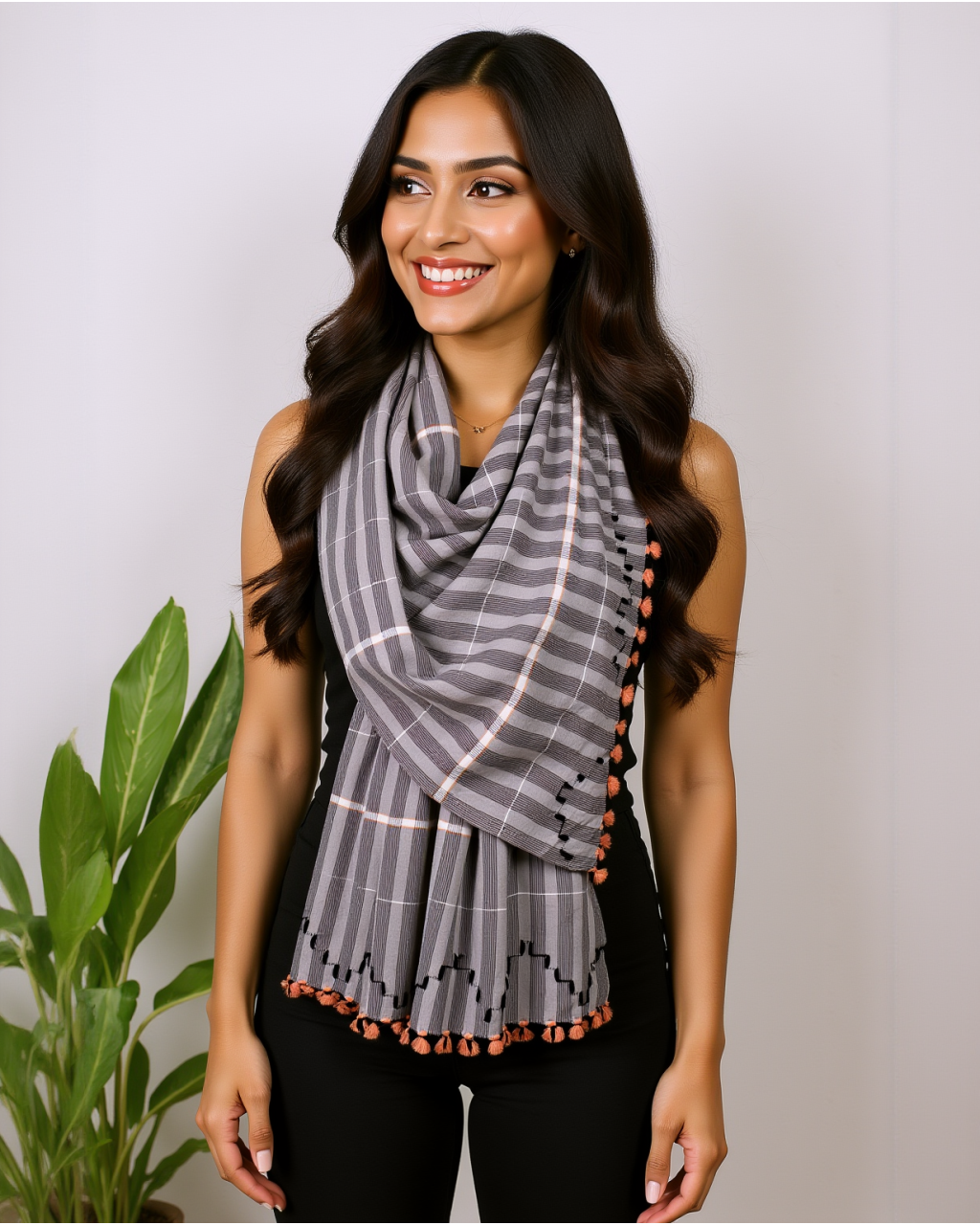 (2162) Cotton Azo-free dyed Kutchy stole from Kutch with cotton extra-weft - Grey, white, black, stripes, orange, textured, pompoms