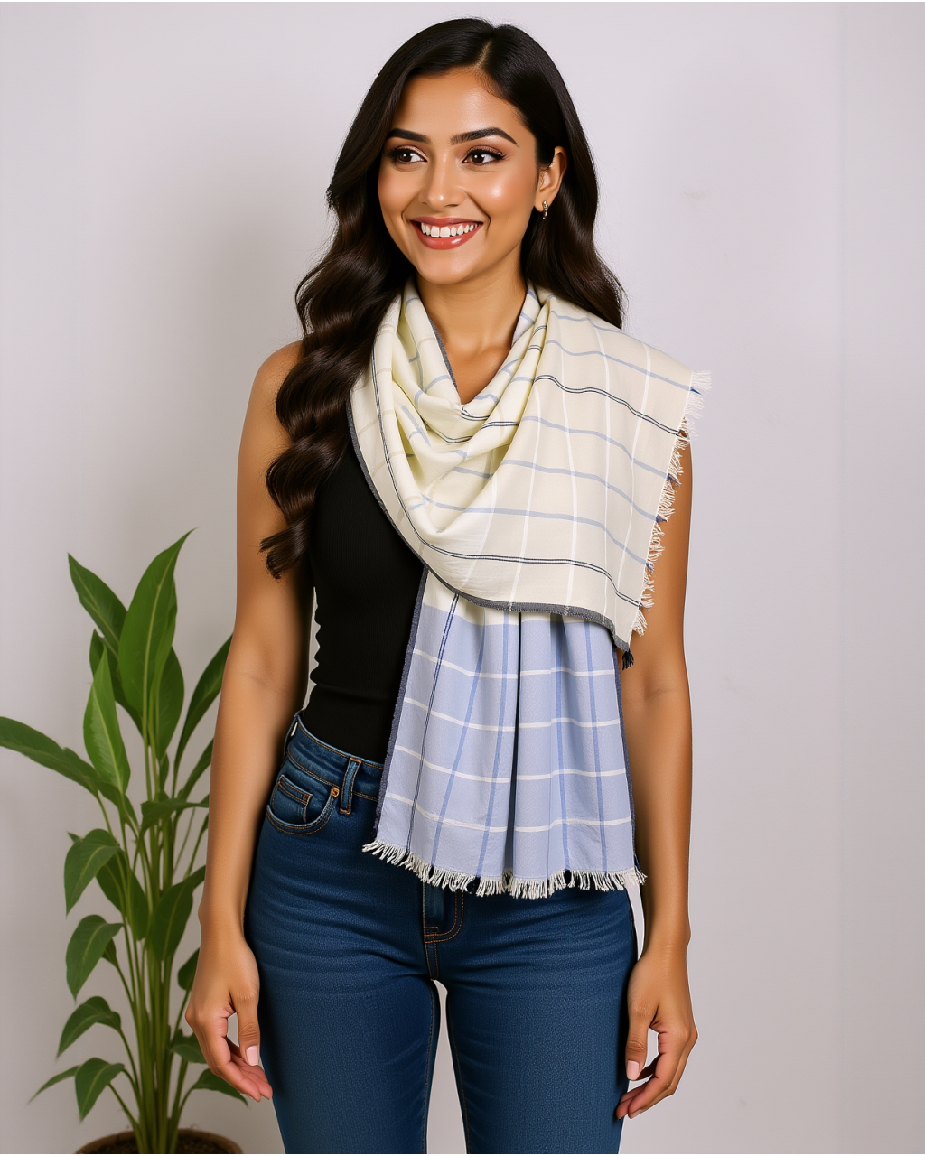 (2706) Merino wool Azo-free dyed stole from Kutch - Sky blue, eggshell blue, blue, blue grey, off white, white, black, stripes, checks, twill