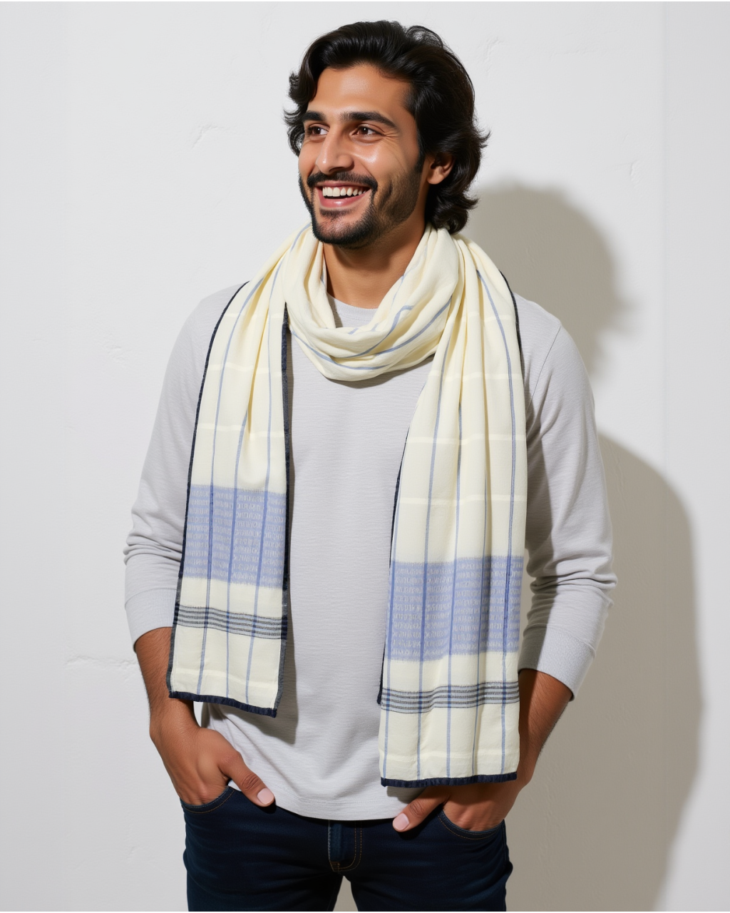 (2708) Merino wool Azo-free dyed Kutchy stole from Kutch - Blue, blue grey, eggshell blue, bright white, white, black, vertical stripes, stone blue, sky blue, twill