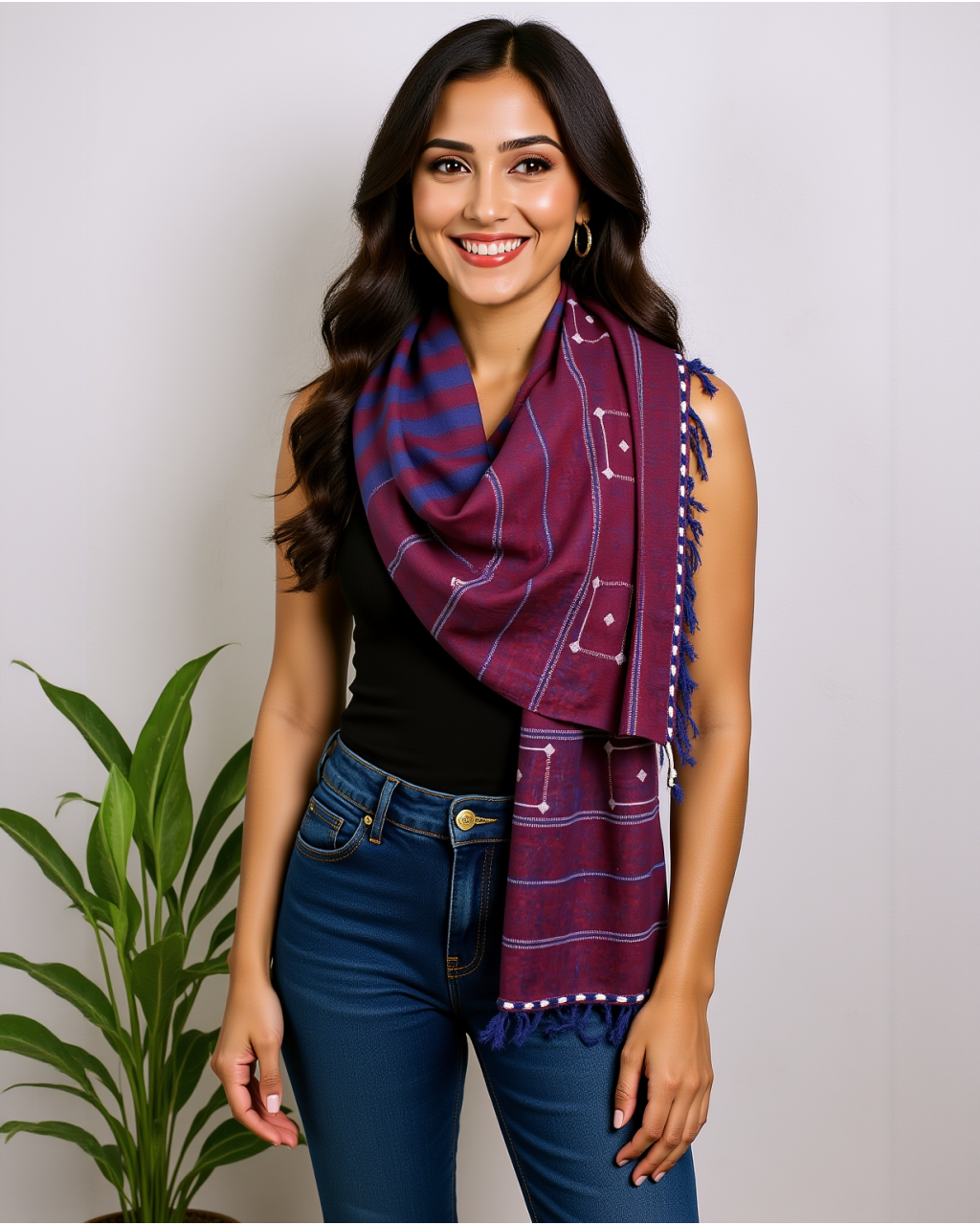 (279) Cotton Azo free dyed Kutchy stole with Motif - Maroon, horizontal stripes