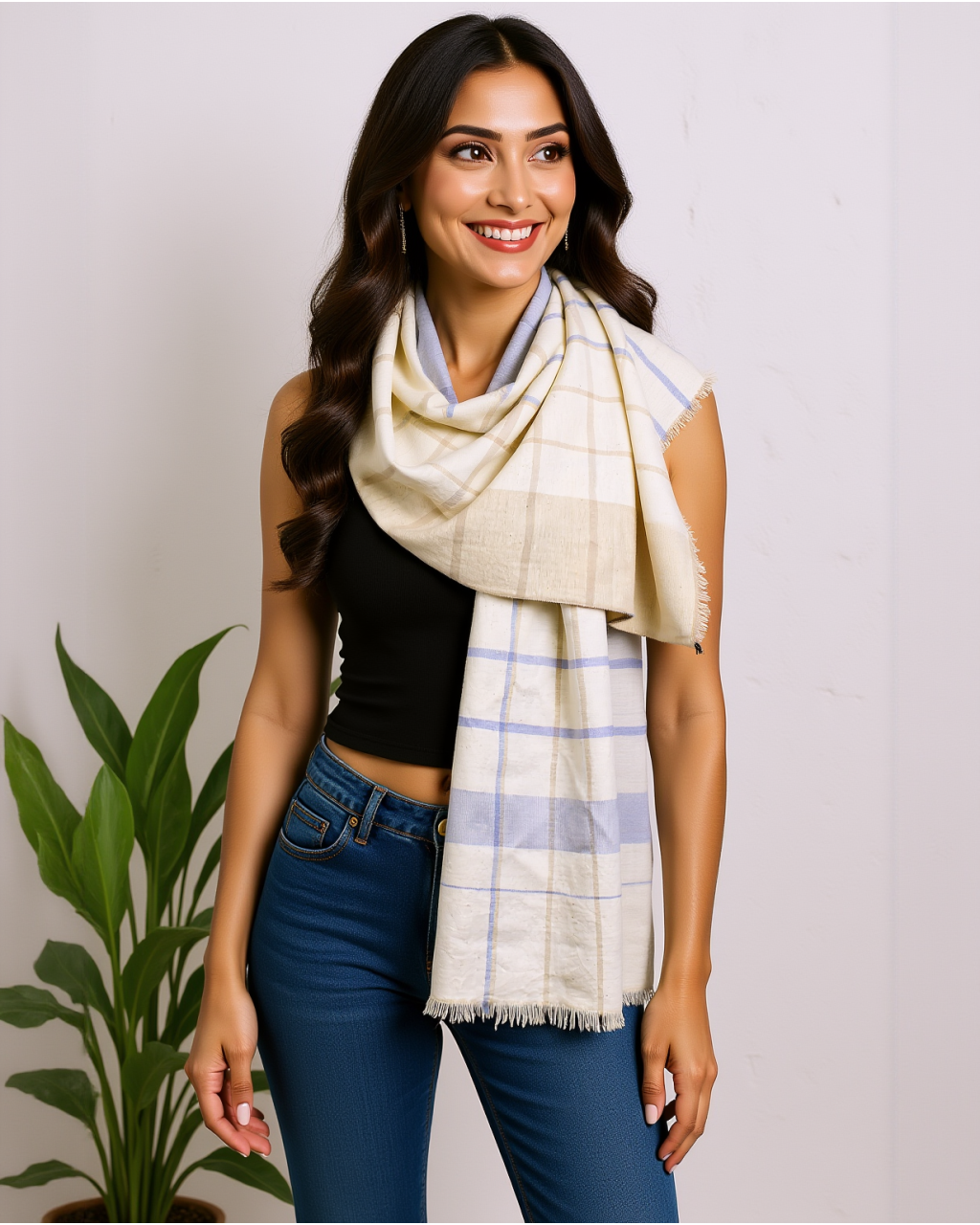 (2882) Cotton, khadi and eri silk Azo-free dyed Kutchy stole from Kutch - Blue, blue grey, light blue, sky blue, beige, checks, stripes, horizontal stripes, vertical stripes