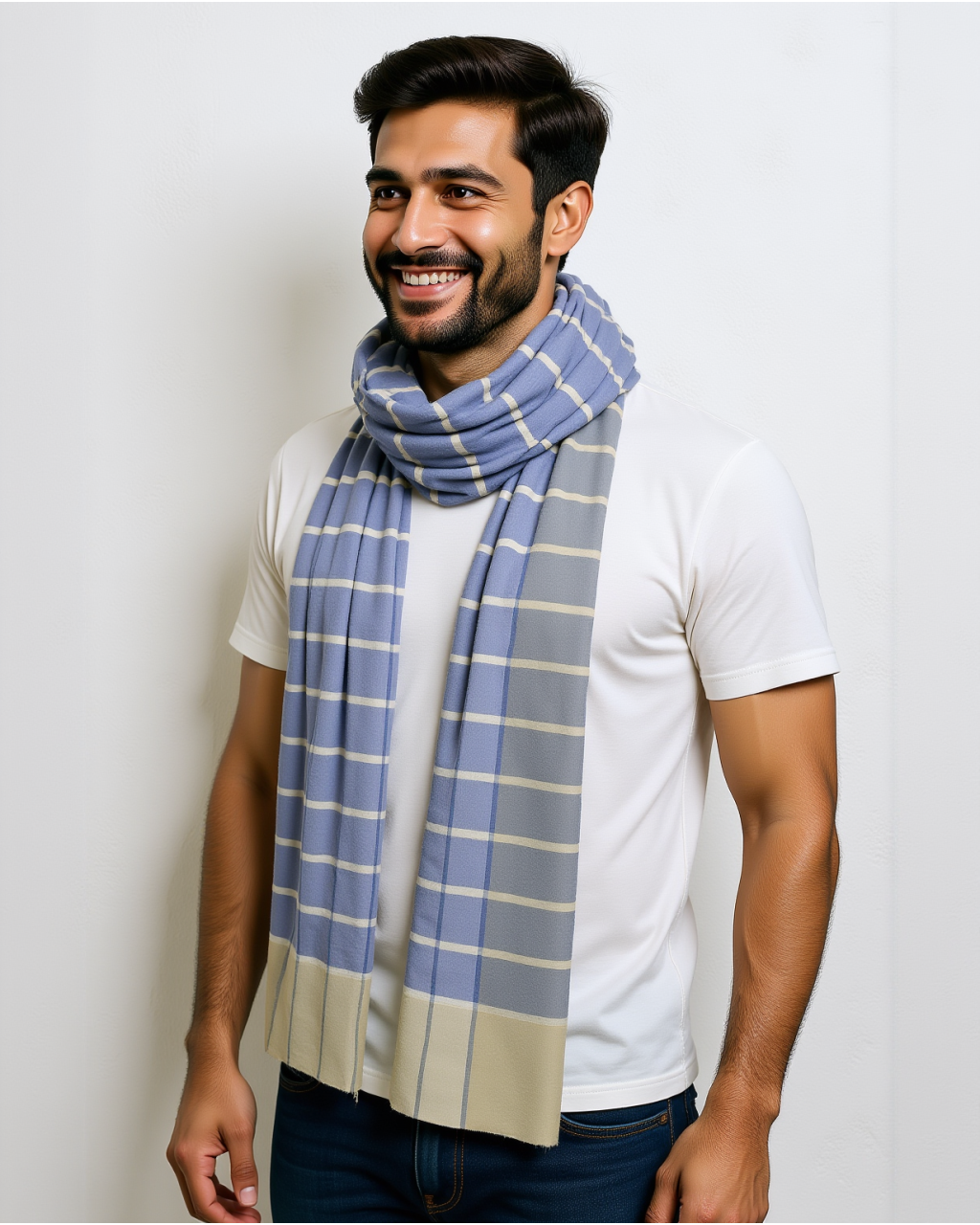 (2895) Merino wool, khadi and eri silk Azo-free dyed Kutchy stole from Kutch - Sky blue, blue, blue grey, beige, copper, cord, white, off white, horizontal stripes, stripes, twill
