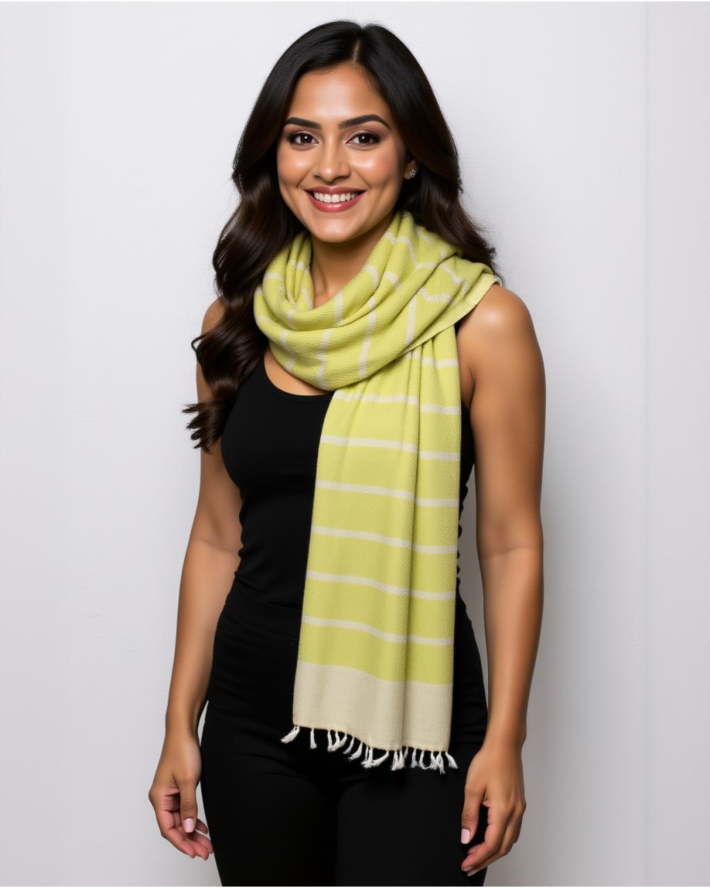 (1597) Cotton Azo-free dyed stole from Maheshwar - White, mustard, stripes, piped fringes