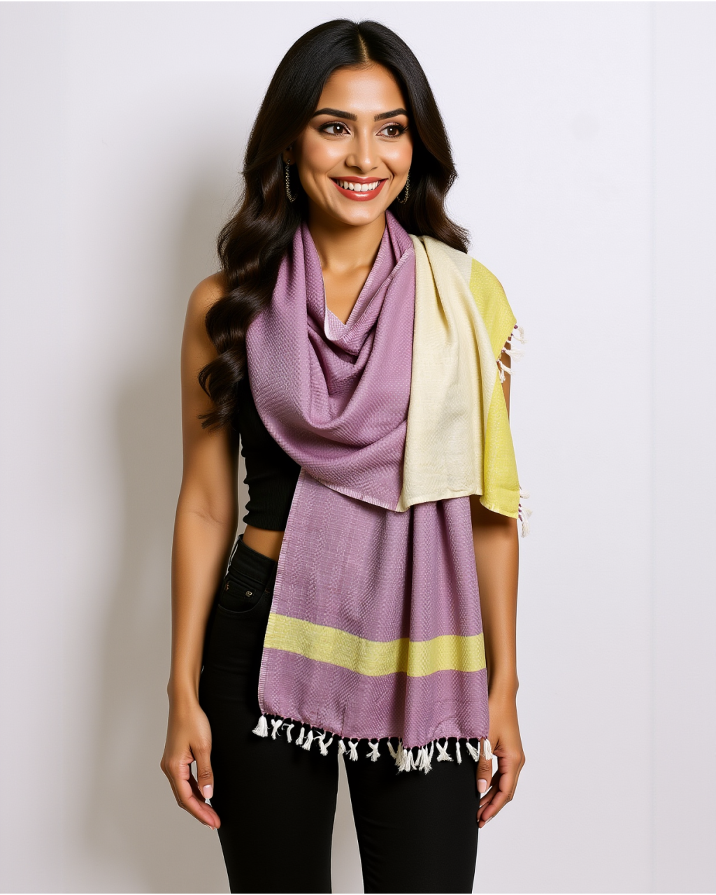 (1598) Cotton Azo-free dyed stole from Maheshwar - Purple, white, mustard, stripes, piped fringes