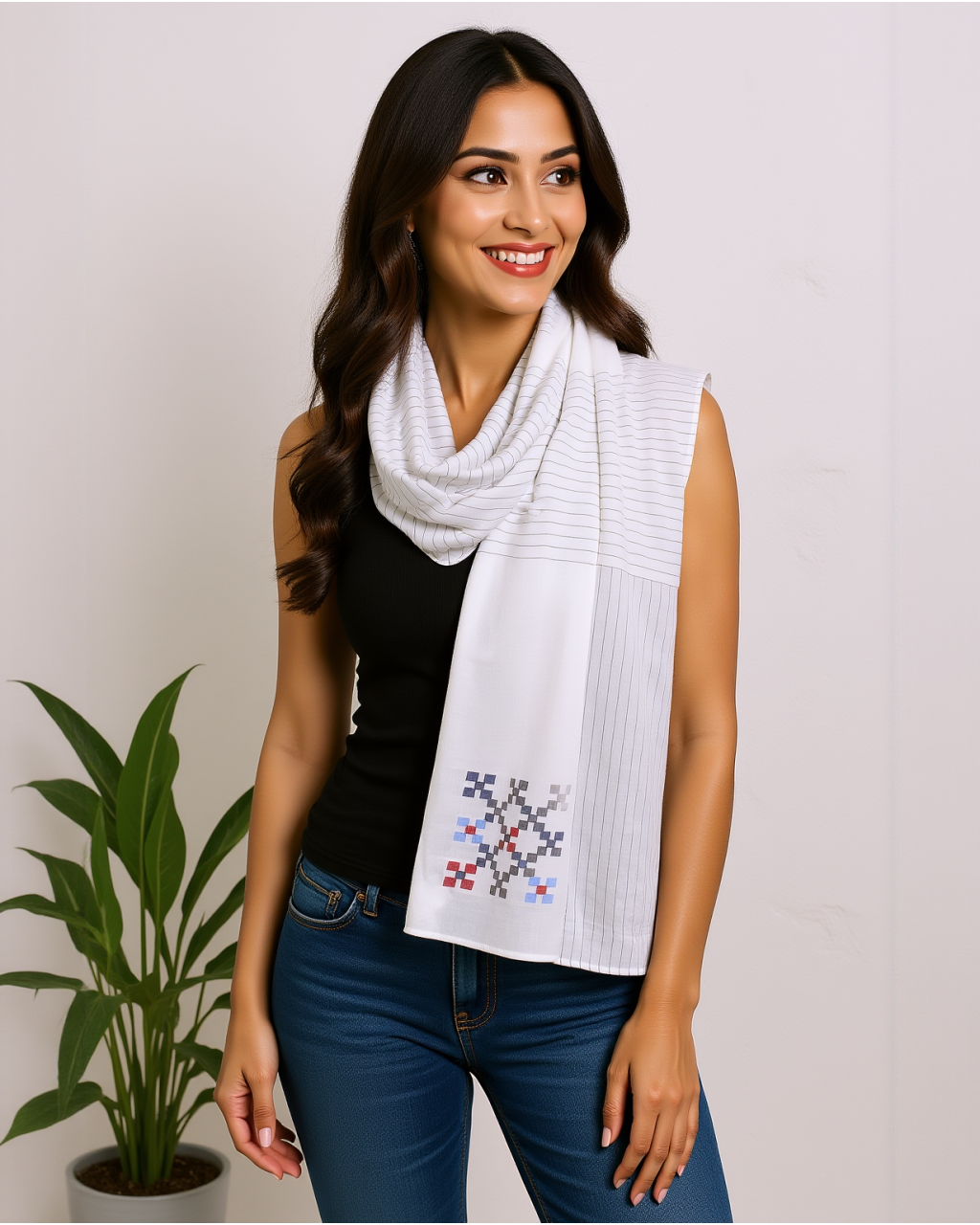 (1325) Cotton Azo-free dyed stole from Shantipur with cotton motifs and cotton motifs - White, red, blue, brown, checks, motif, stripes, black