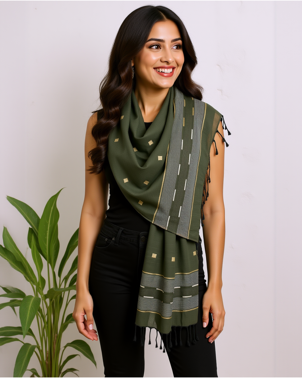 (1800) Cotton and khadi  Azo-free dyed stole from Shantipur with motifs - Green, black, golden, motif