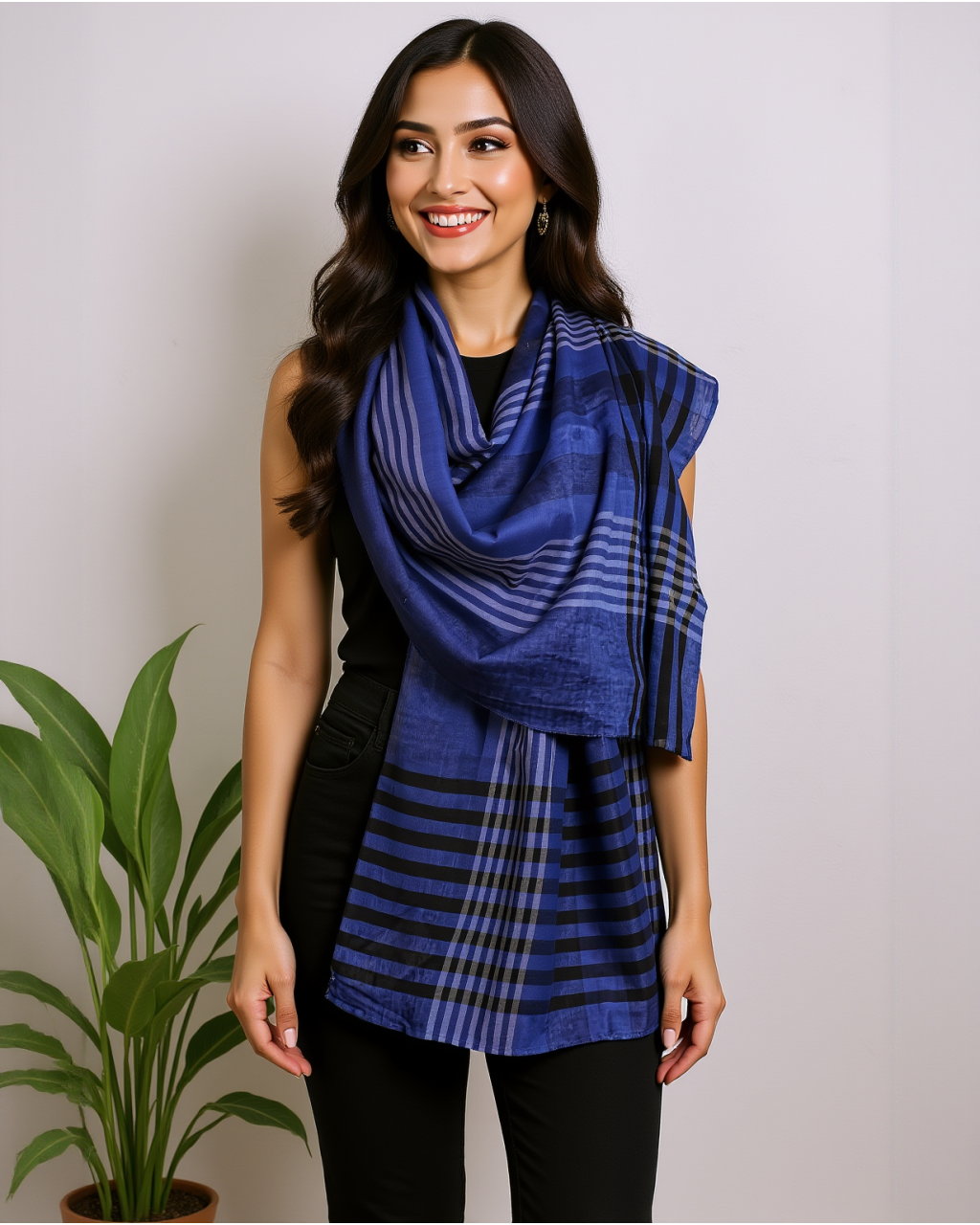 (2072) Khadi  and linen Azo-free dyed stole from Shantipur - Indigo, black, stripes, white