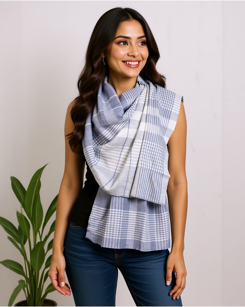(2075) Khadi  and linen Azo-free dyed stole from Shantipur - Grey, white, stripes