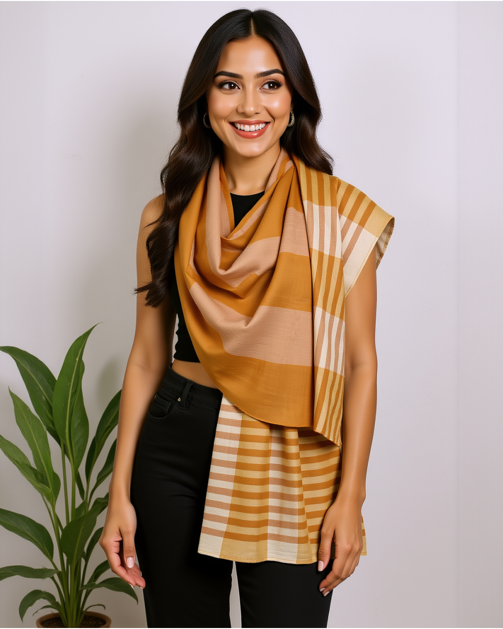 (2158) Khadi  and linen Azo-free dyed stole from Shantipur - Orange, cream, stripes