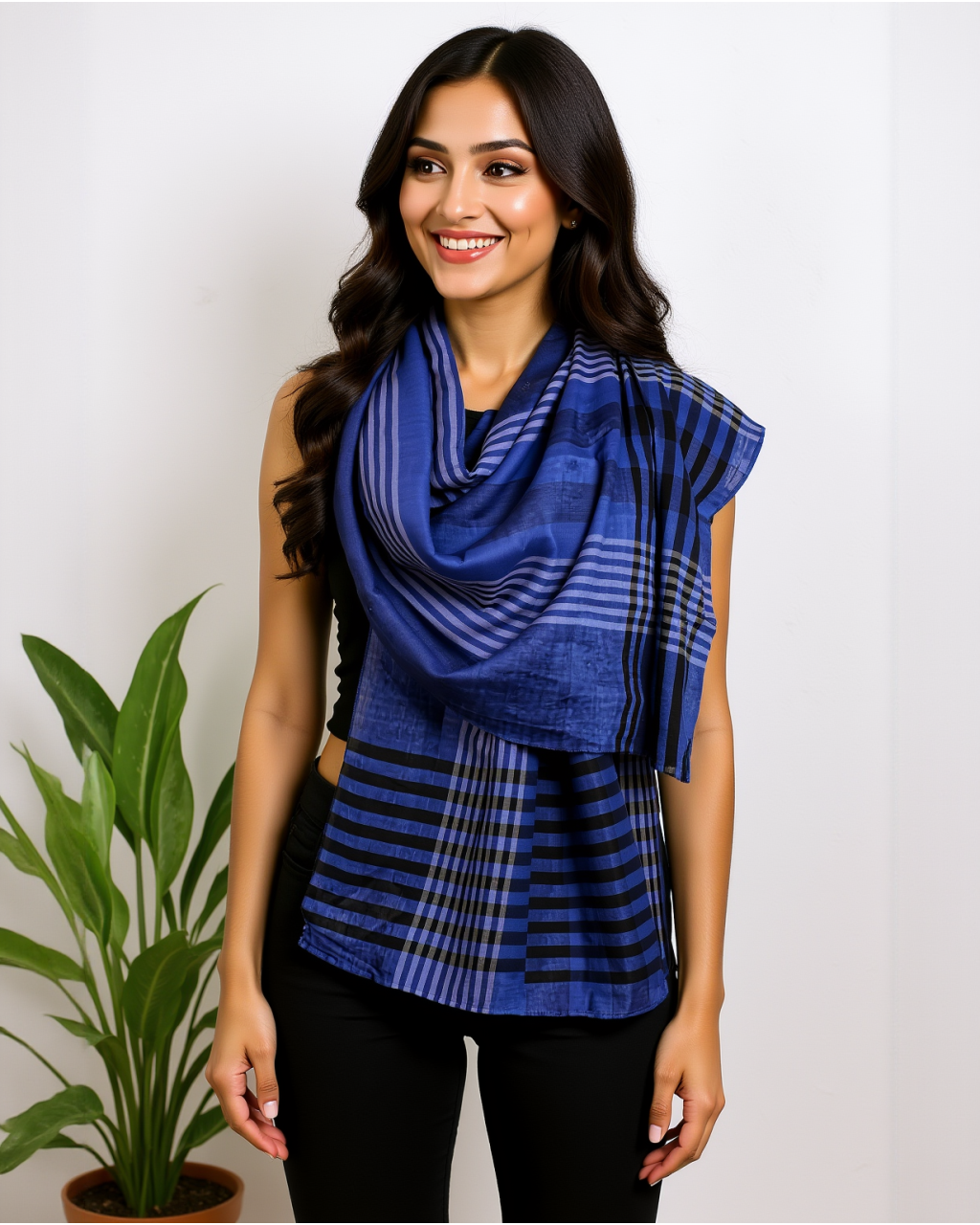 (2159) Khadi  and linen Azo-free dyed stole from Shantipur - Indigo, black, blue, stripes, checks