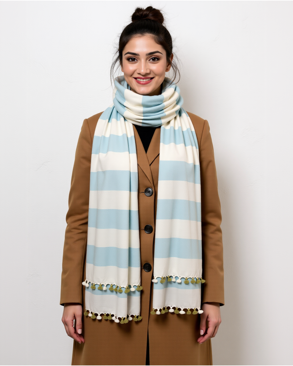 (1297) Cotton Azo-free dyed throw from Maheshwar - Sky blue, white, stripes, pompoms