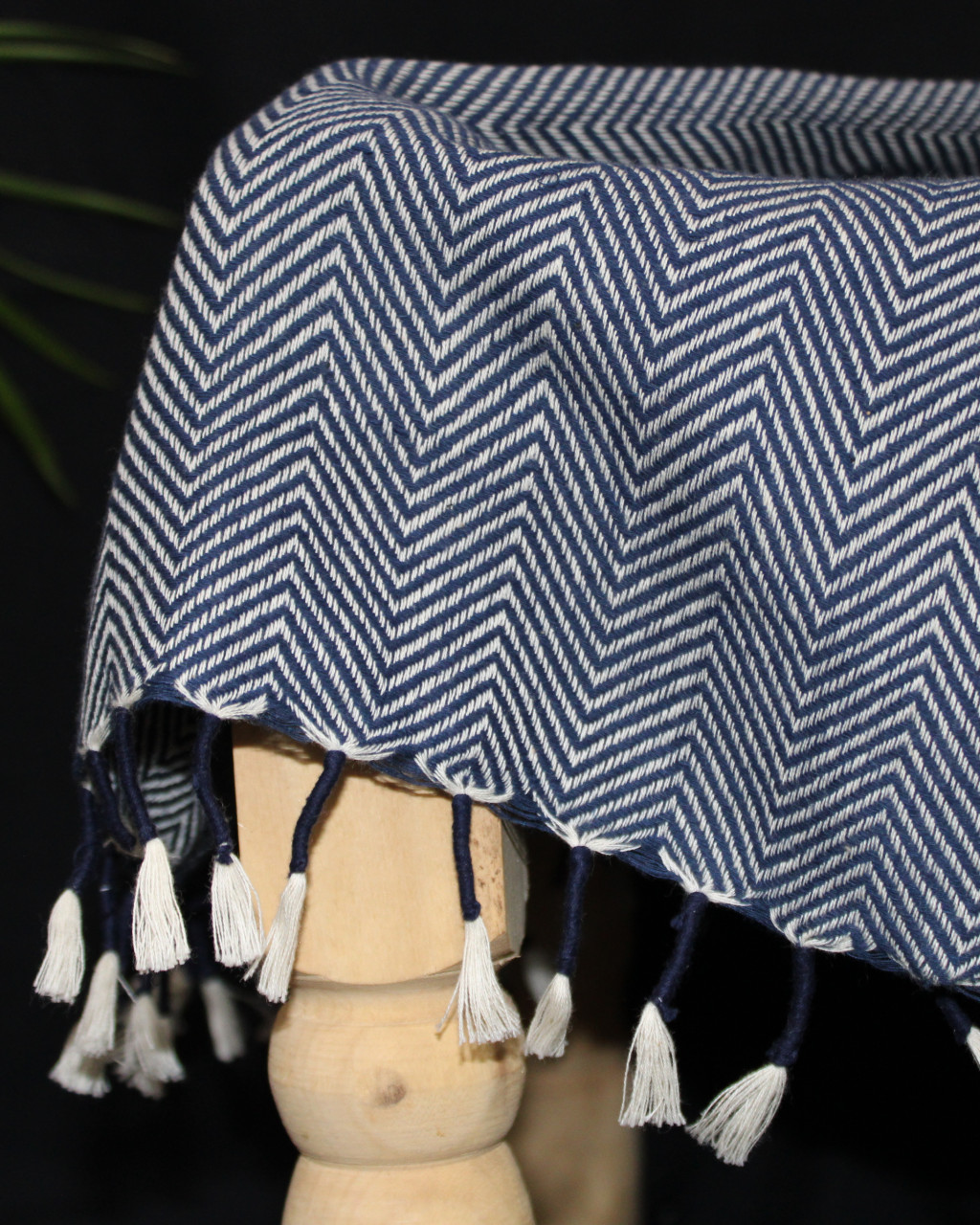 (1430) Cotton and khadi  Azo-free dyed throw from Bihar - Indigo, white, textured, piped fringes