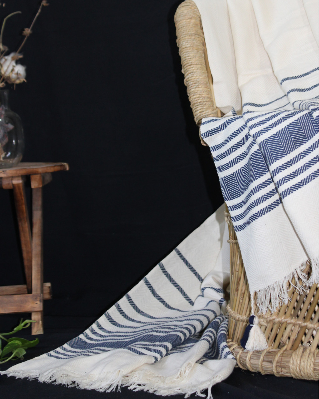 (1431) Cotton and khadi  Azo-free dyed throw from Bihar - White, indigo, stripes, textured, pompoms
