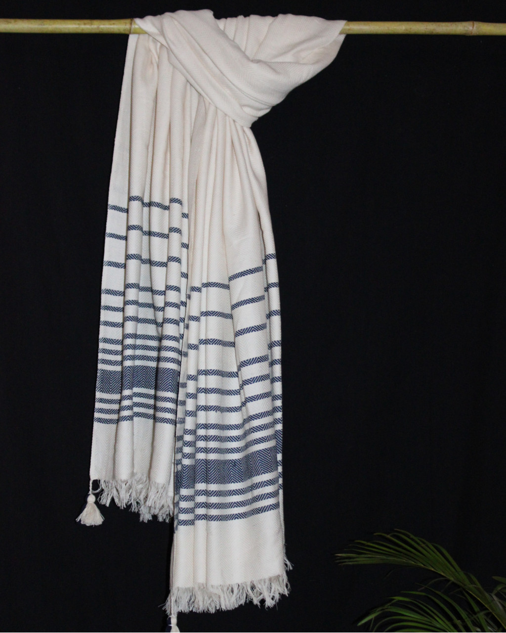 (1431) Cotton and khadi  Azo-free dyed throw from Bihar - White, indigo, stripes, textured, pompoms