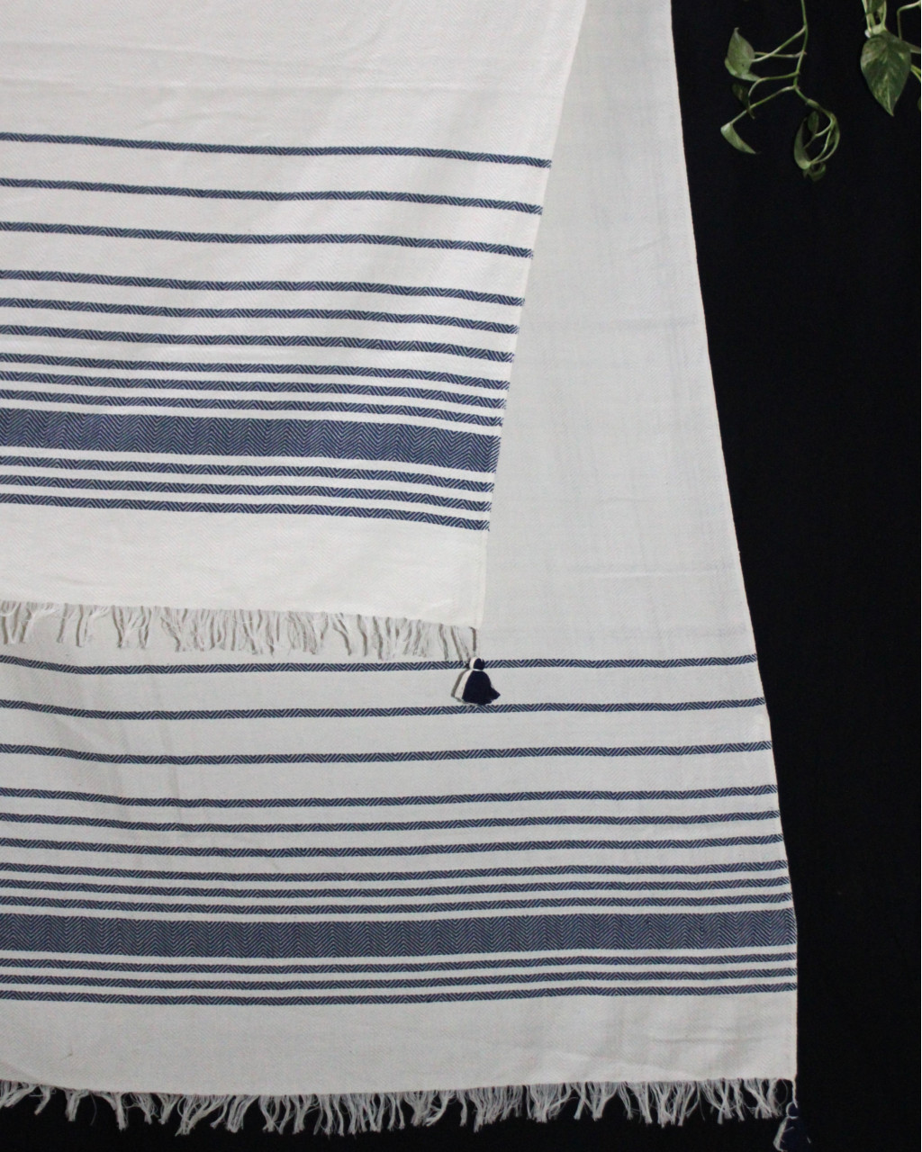 (1431) Cotton and khadi  Azo-free dyed throw from Bihar - White, indigo, stripes, textured, pompoms