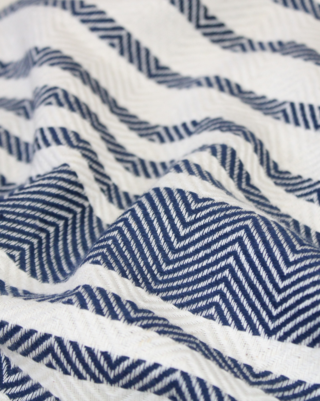 (1431) Cotton and khadi  Azo-free dyed throw from Bihar - White, indigo, stripes, textured, pompoms