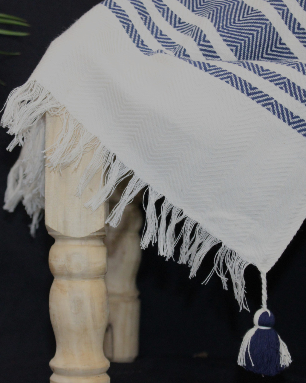 (1431) Cotton and khadi  Azo-free dyed throw from Bihar - White, indigo, stripes, textured, pompoms