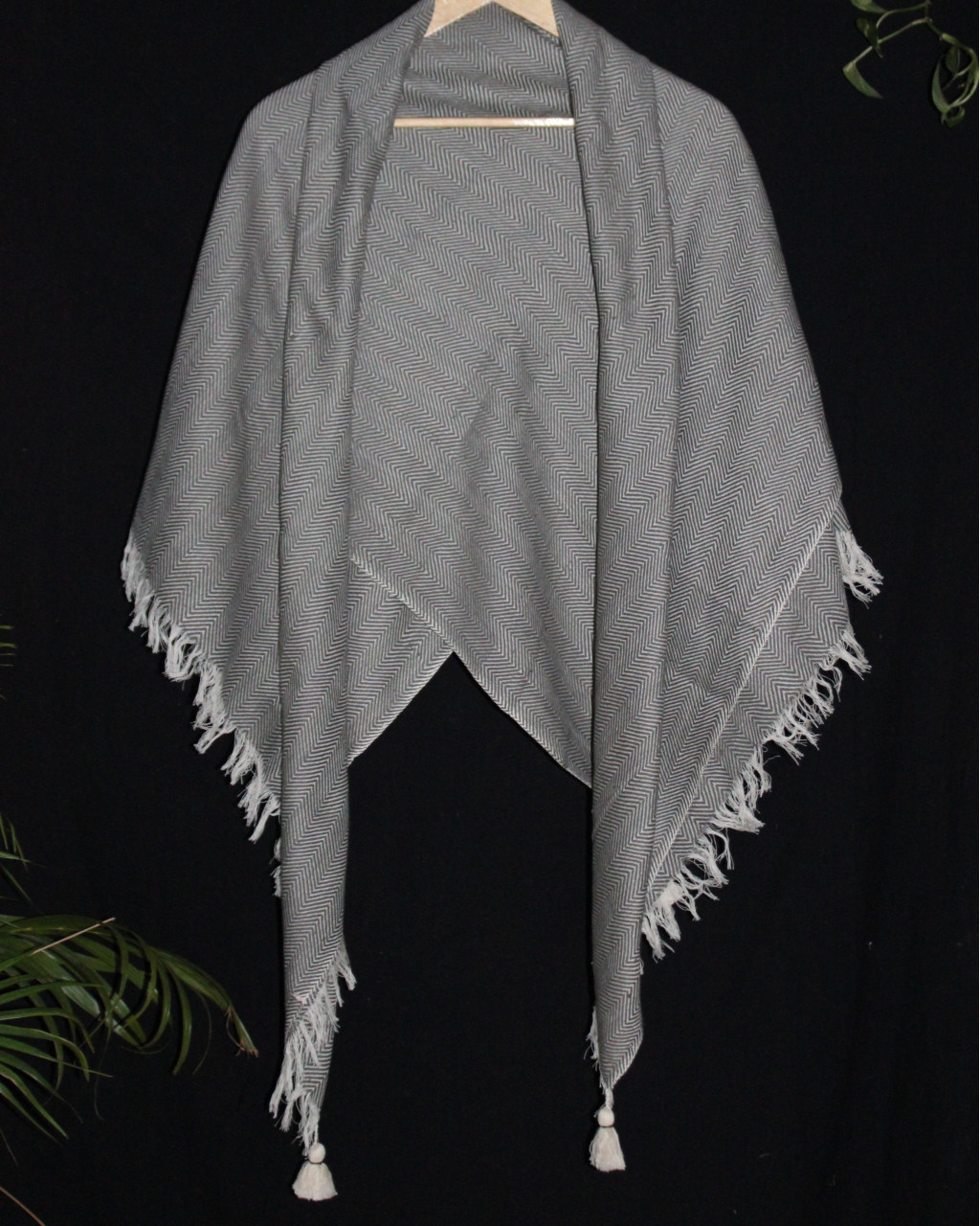 (1432) Cotton and khadi  Azo-free dyed throw from Bihar - Grey, white, pompoms, textured