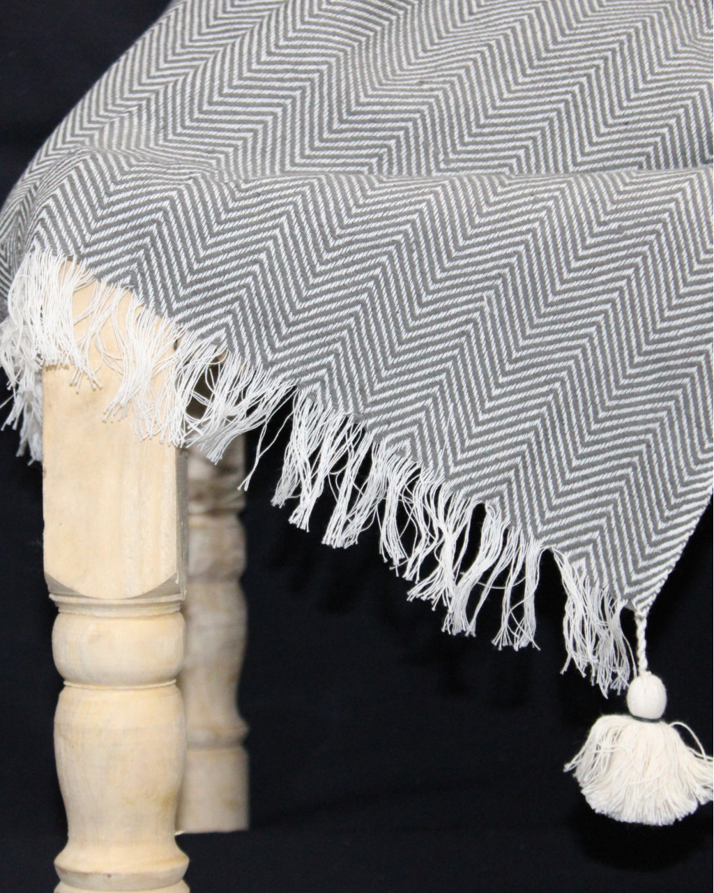 (1432) Cotton and khadi  Azo-free dyed throw from Bihar - Grey, white, pompoms, textured