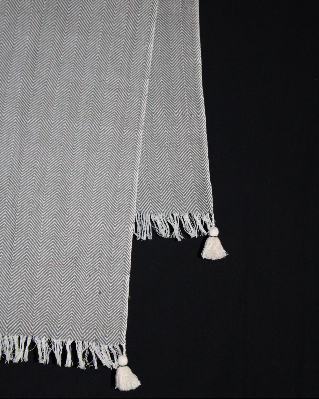 (1432) Cotton and khadi  Azo-free dyed throw from Bihar - Grey, white, pompoms, textured