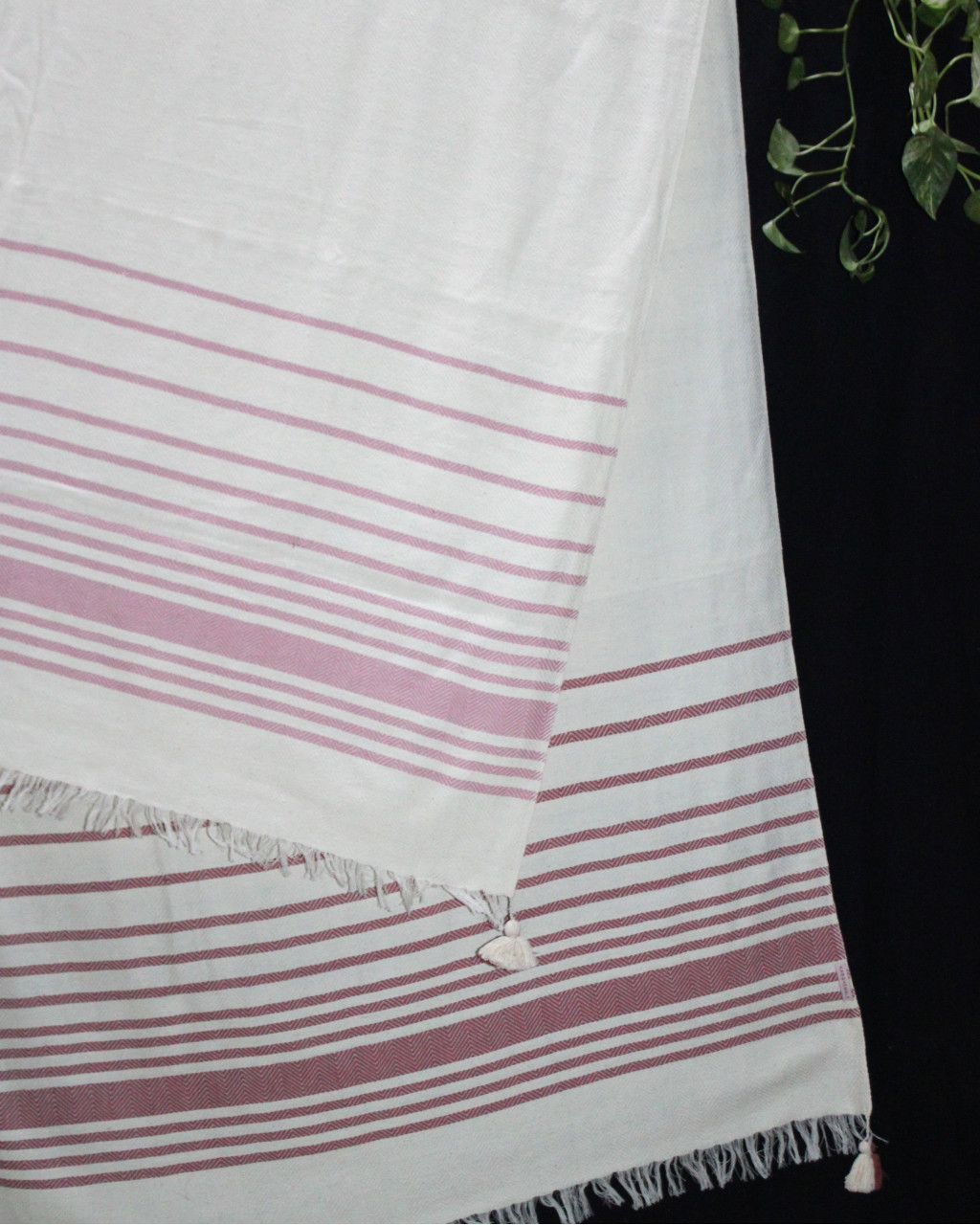 (1435) Cotton and khadi  Azo-free dyed throw from Bihar - White, pink, red, stripes, pompoms, textured