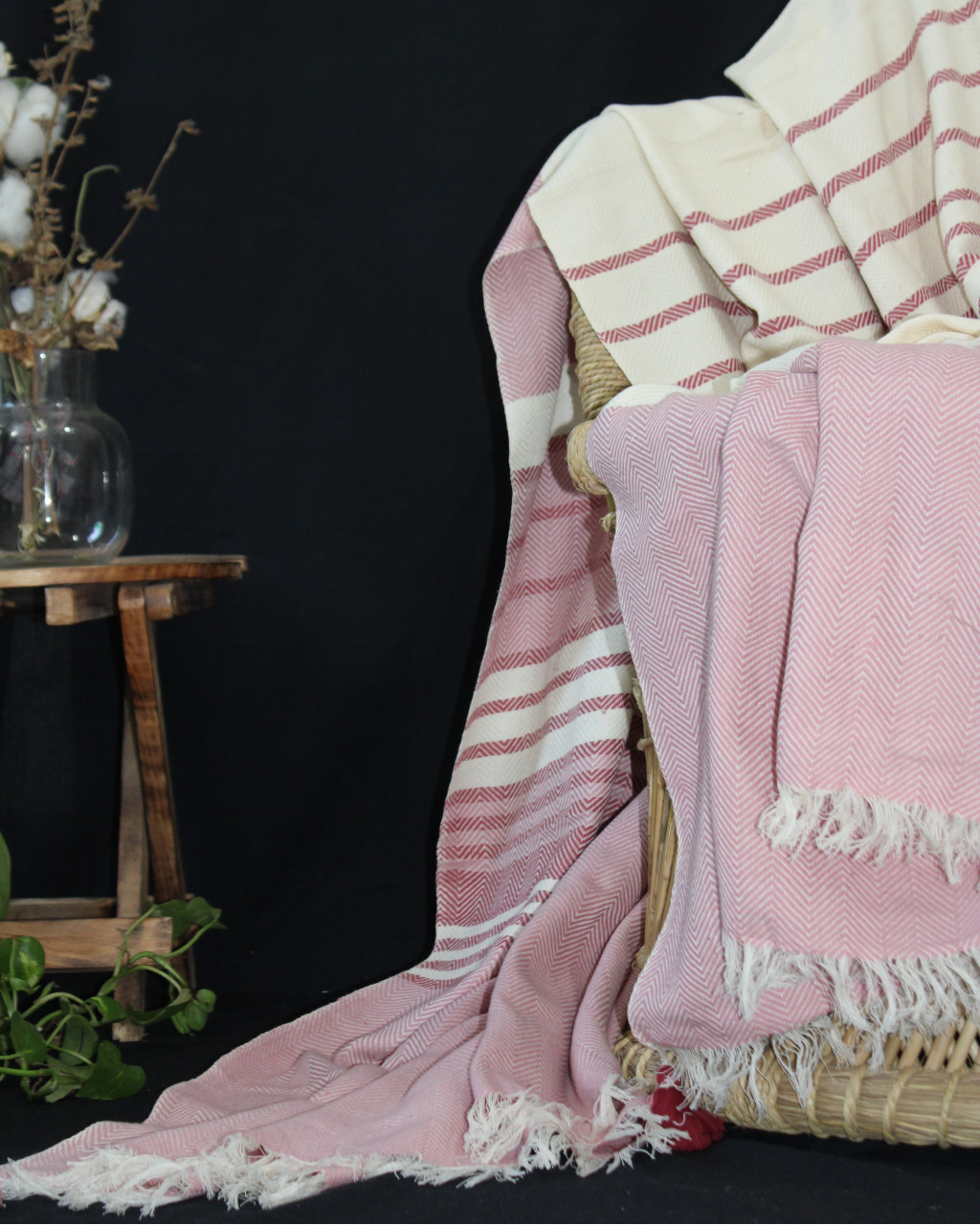 (1436) Cotton and khadi  Azo-free dyed throw from Bihar - White, pink, red, stripes, textured