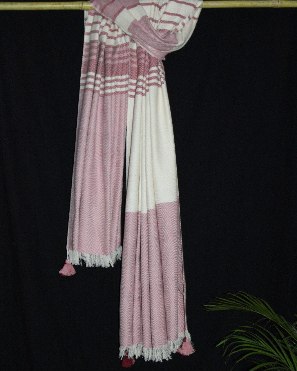 (1436) Cotton and khadi  Azo-free dyed throw from Bihar - White, pink, red, stripes, textured