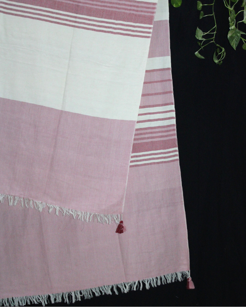 (1436) Cotton and khadi  Azo-free dyed throw from Bihar - White, pink, red, stripes, textured