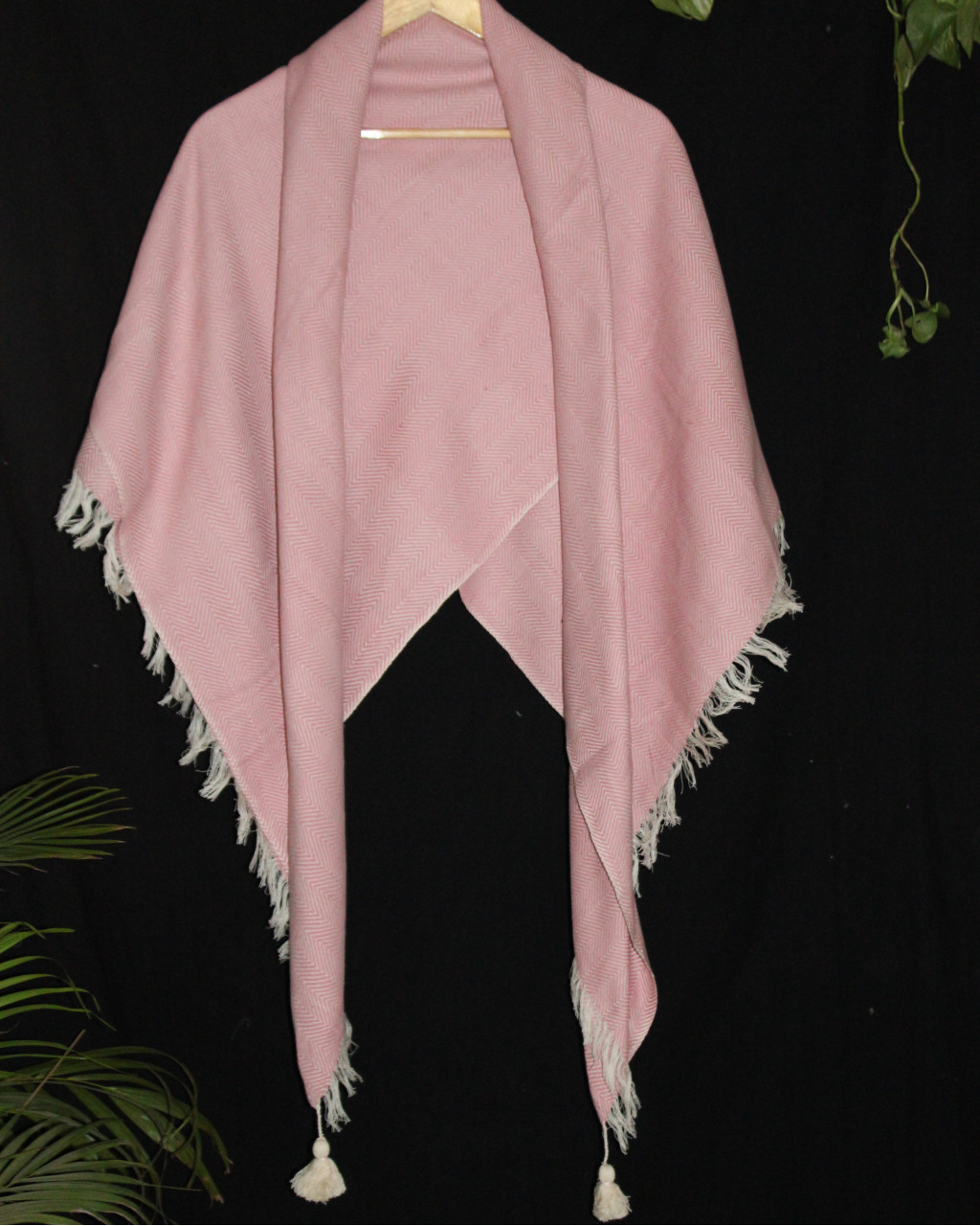(1437) Cotton and khadi  Azo-free dyed throw from Bihar - Pink, pompoms, textured