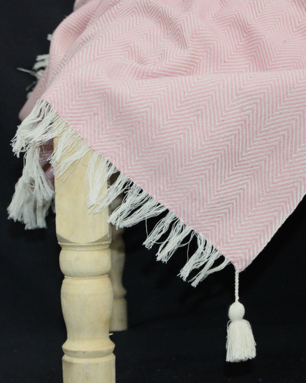 (1437) Cotton and khadi  Azo-free dyed throw from Bihar - Pink, pompoms, textured