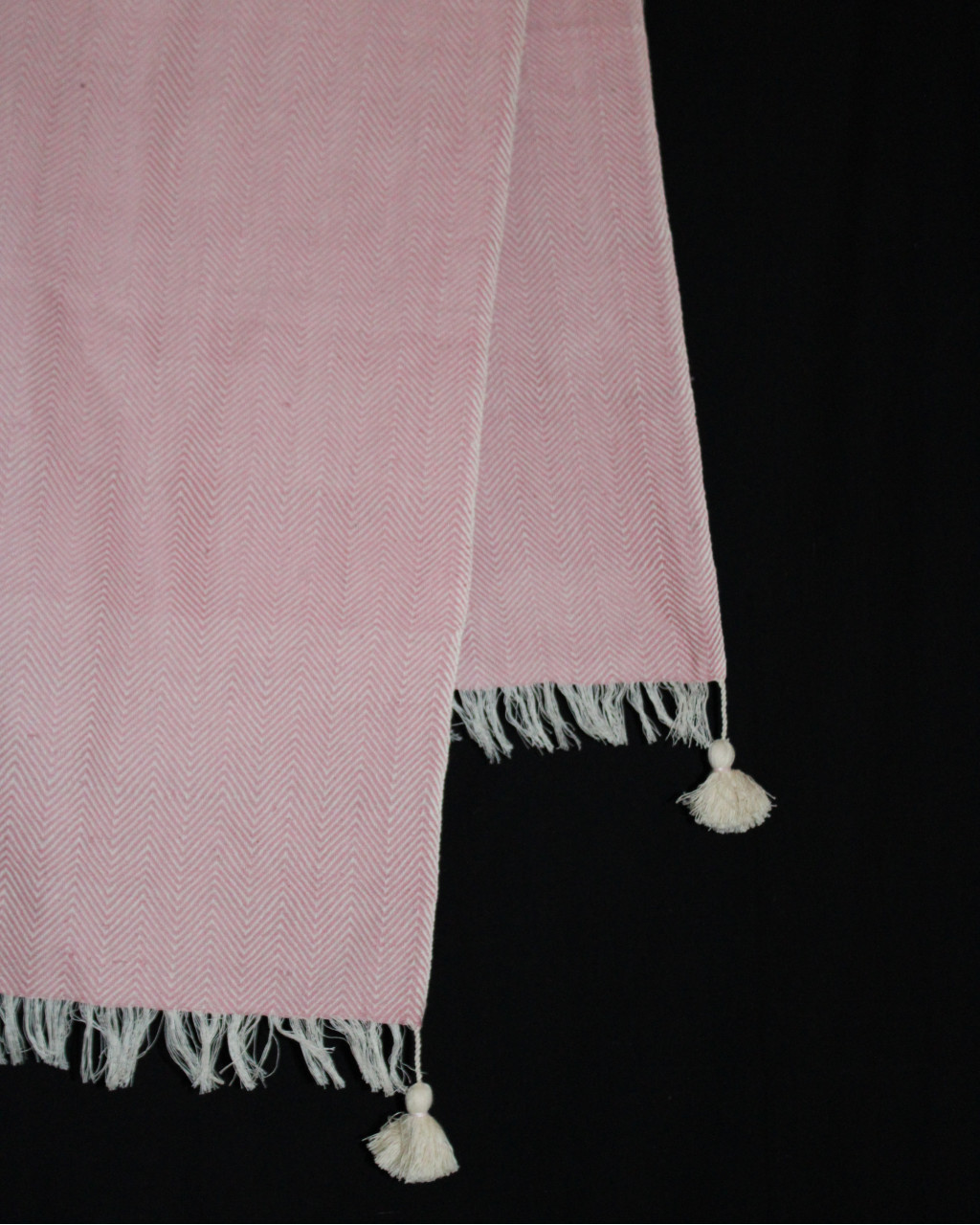 (1437) Cotton and khadi  Azo-free dyed throw from Bihar - Pink, pompoms, textured