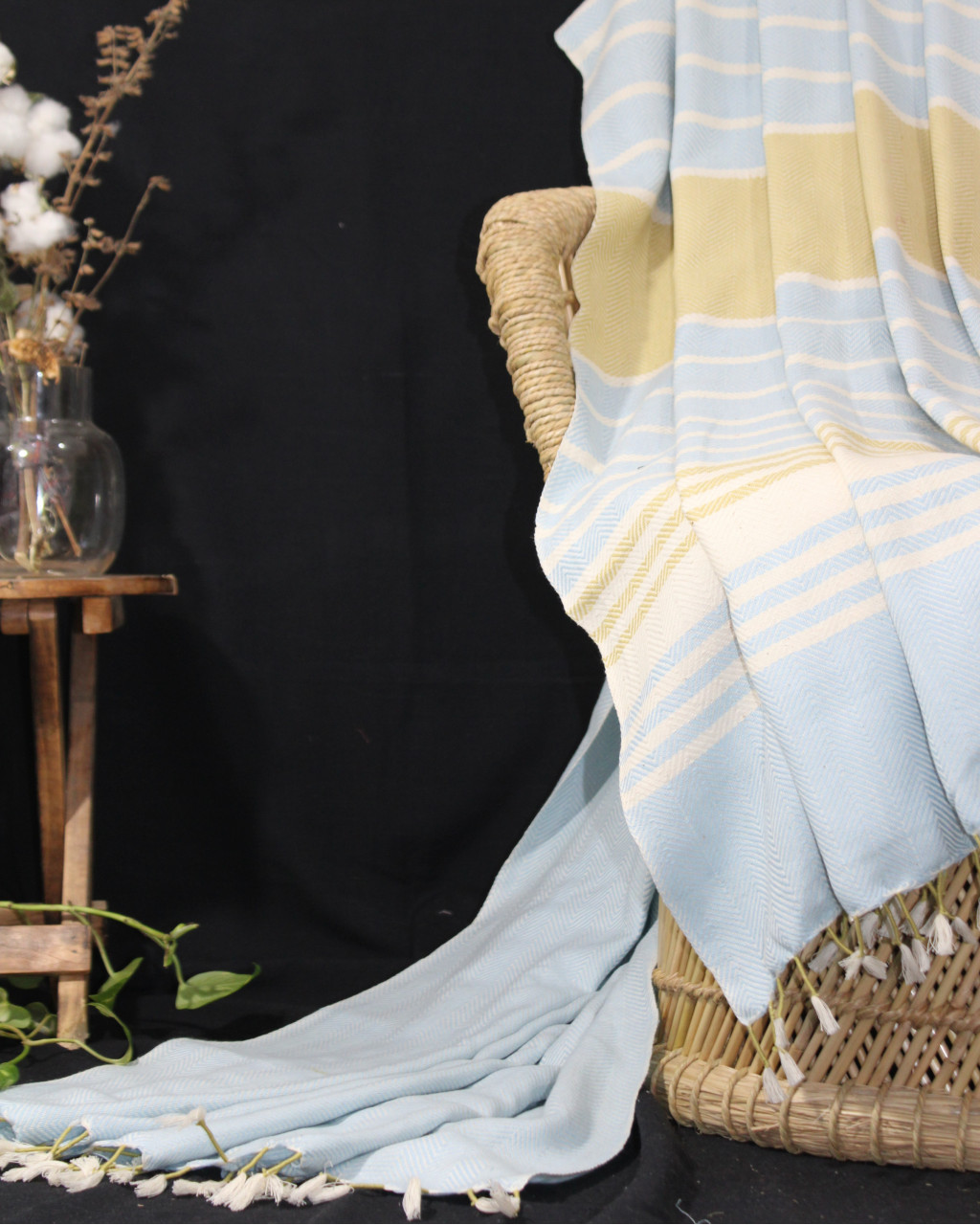 (1438) Cotton and khadi  Azo-free dyed throw from Bihar - White, sky blue, mustard, stripes, textured, piped fringes