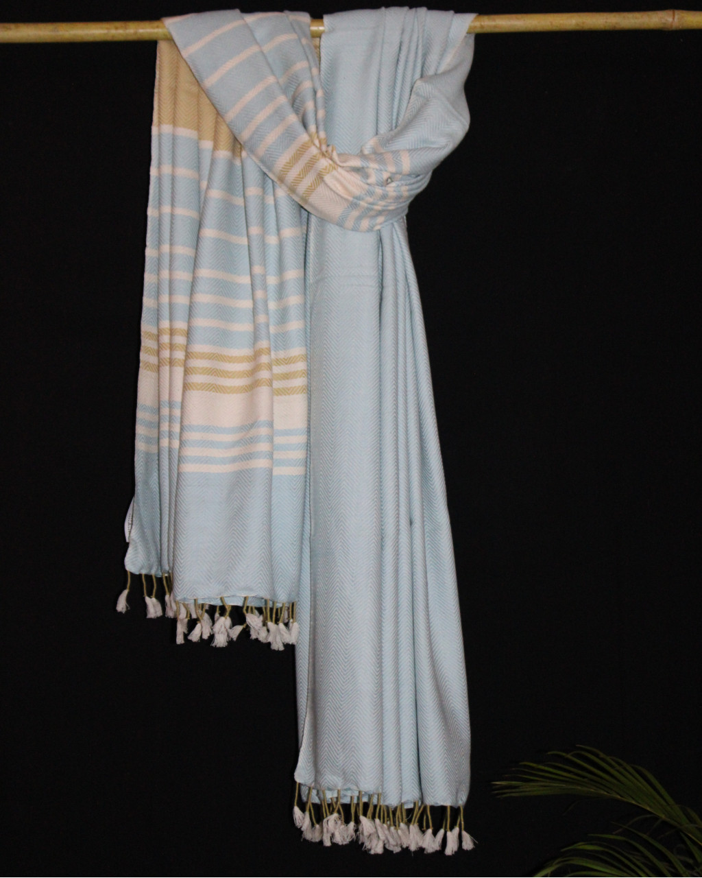 (1438) Cotton and khadi  Azo-free dyed throw from Bihar - White, sky blue, mustard, stripes, textured, piped fringes