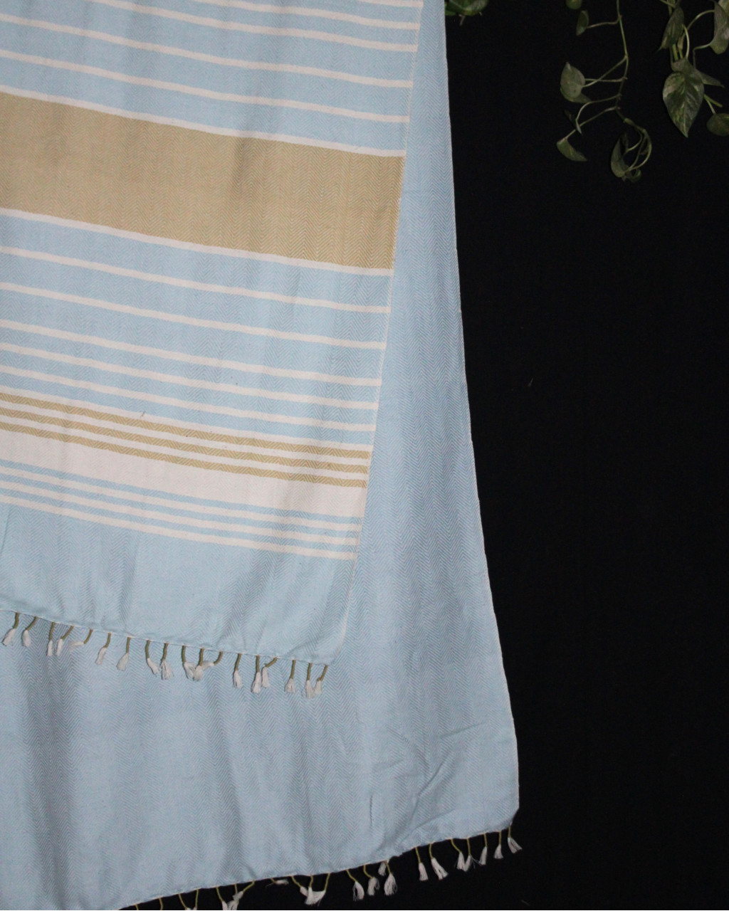 (1438) Cotton and khadi  Azo-free dyed throw from Bihar - White, sky blue, mustard, stripes, textured, piped fringes