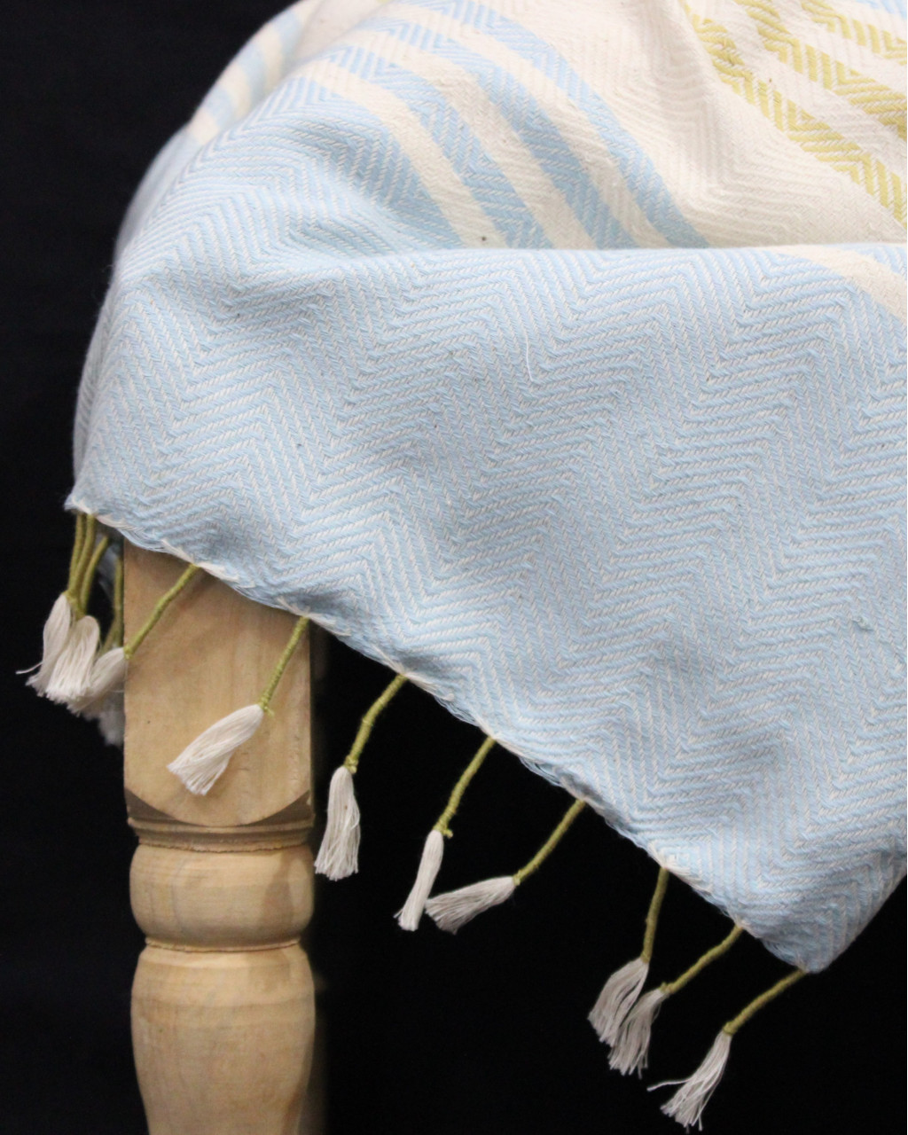 (1438) Cotton and khadi  Azo-free dyed throw from Bihar - White, sky blue, mustard, stripes, textured, piped fringes
