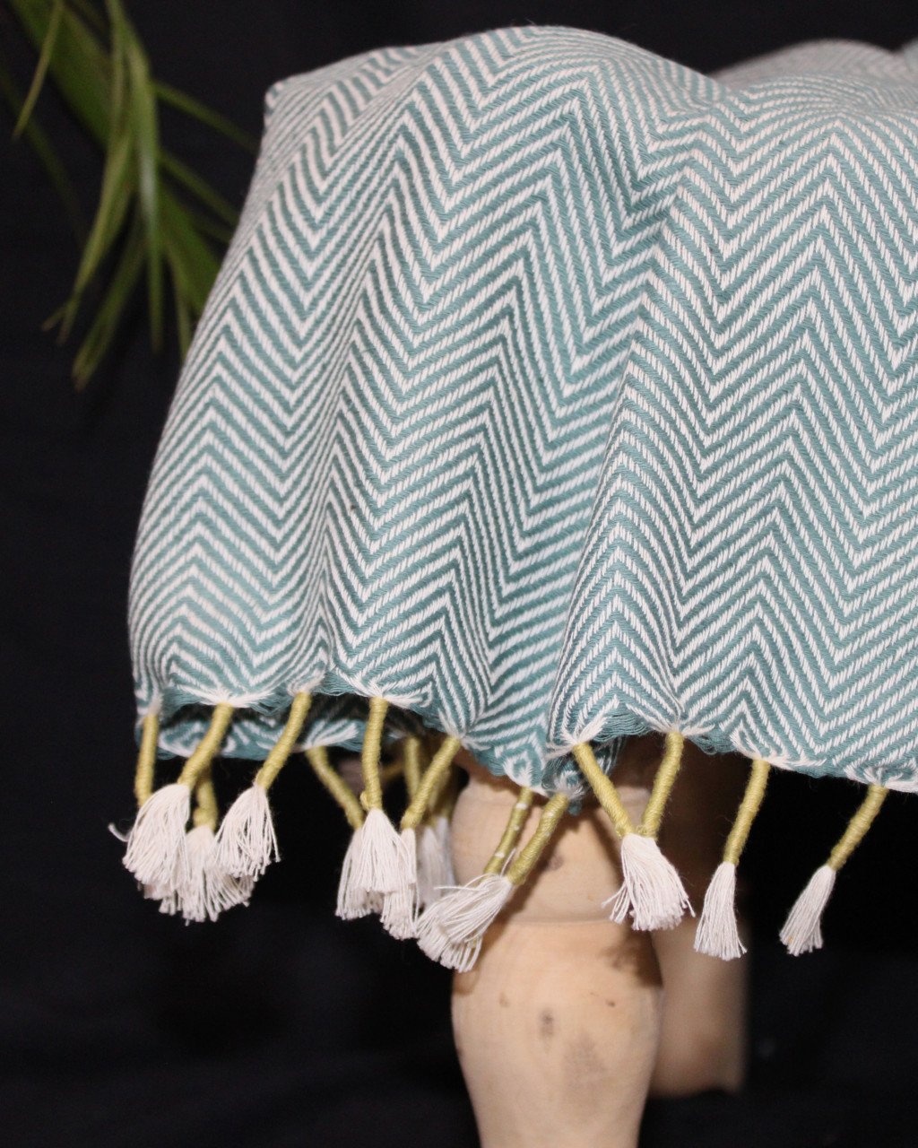 (1440) Cotton and khadi  Azo-free dyed throw from Bihar - Green, piped fringes, textured, white
