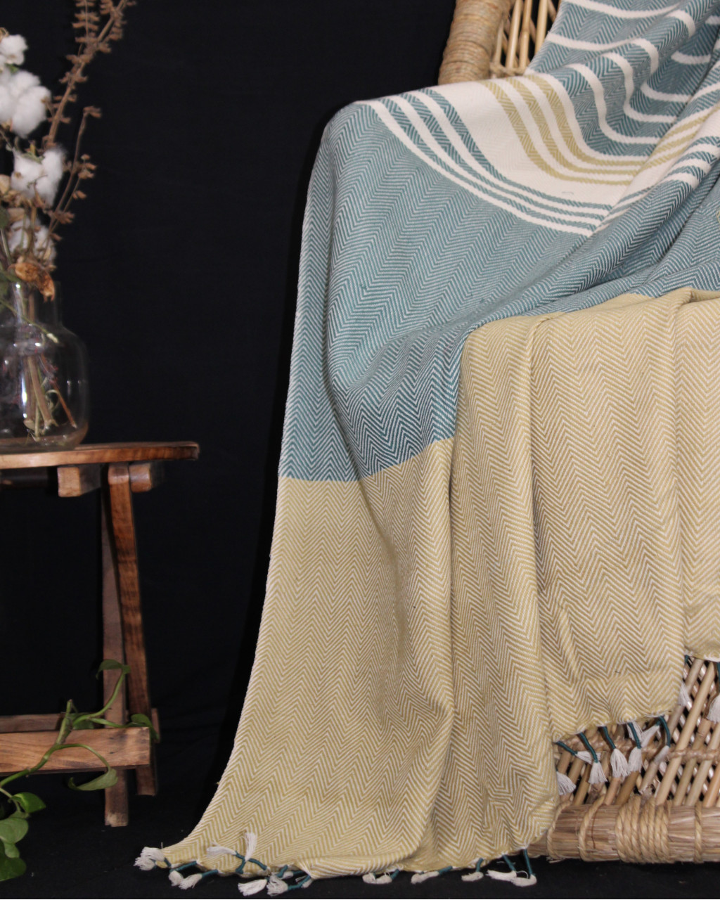 (1442) Cotton and khadi  Azo-free dyed throw from Bihar - Mustard yellow, green, stripes, piped fringes, white
