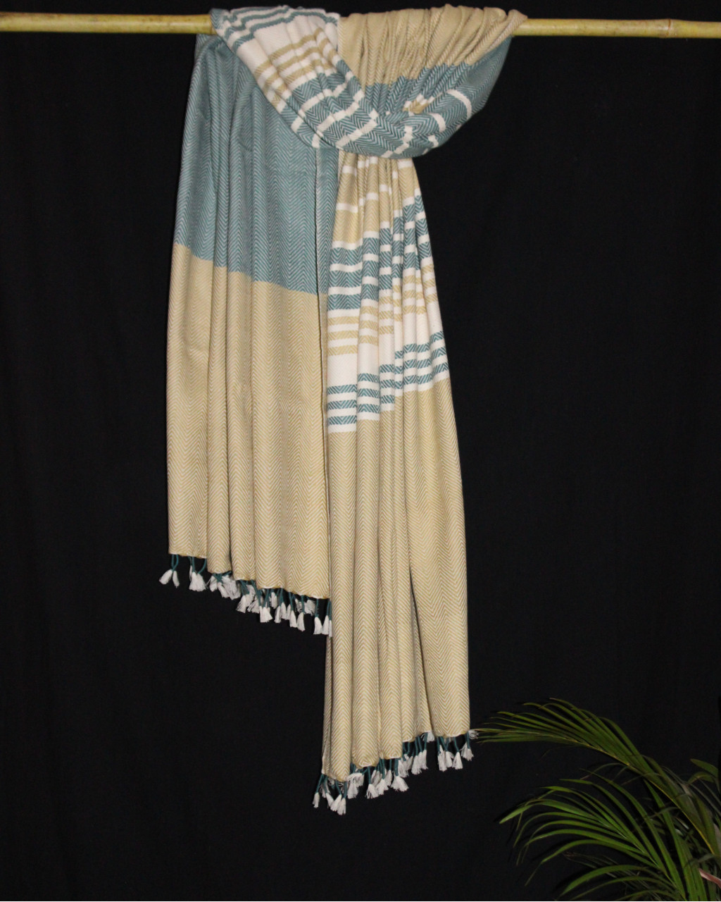 (1442) Cotton and khadi  Azo-free dyed throw from Bihar - Mustard yellow, green, stripes, piped fringes, white