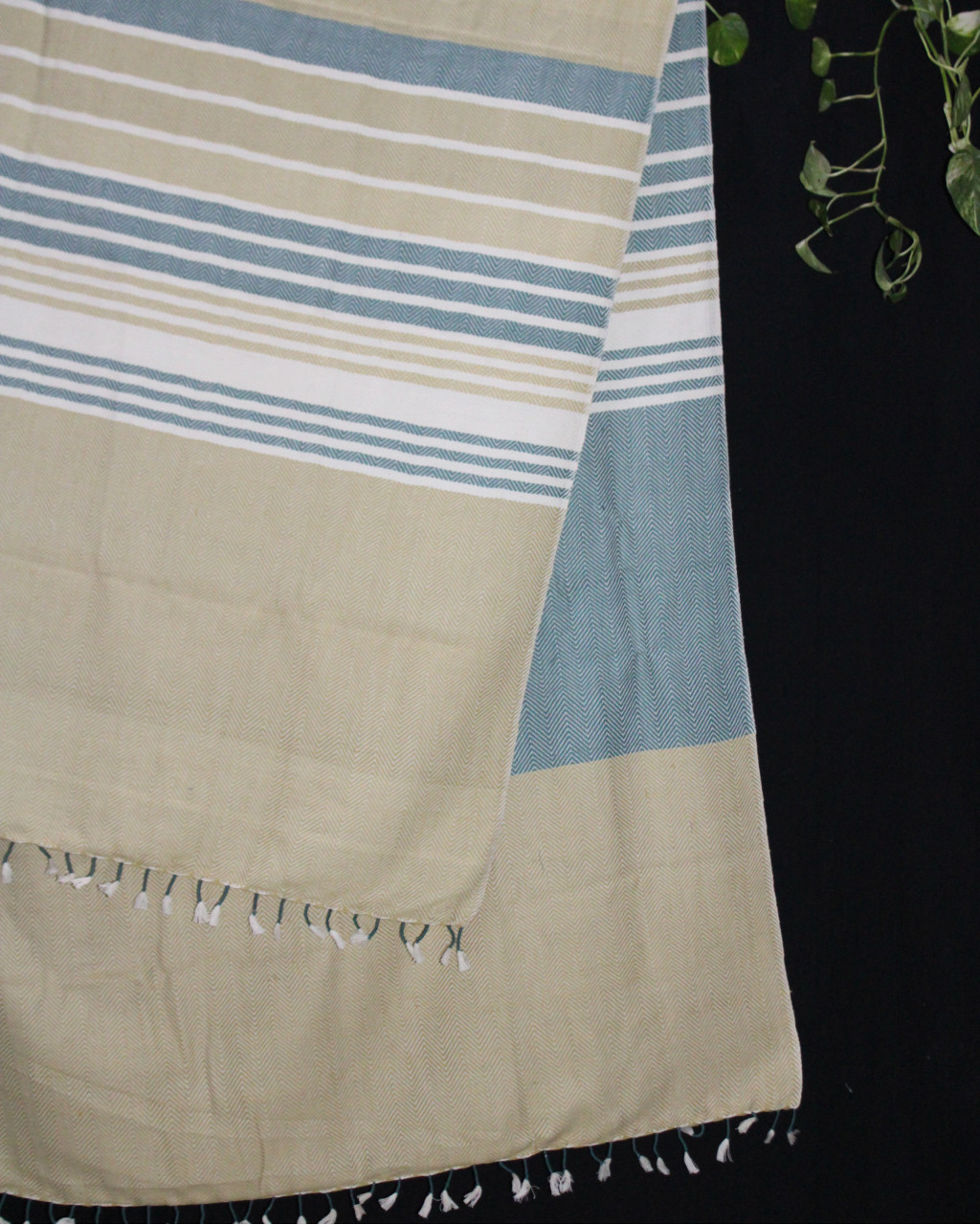 (1442) Cotton and khadi  Azo-free dyed throw from Bihar - Mustard yellow, green, stripes, piped fringes, white