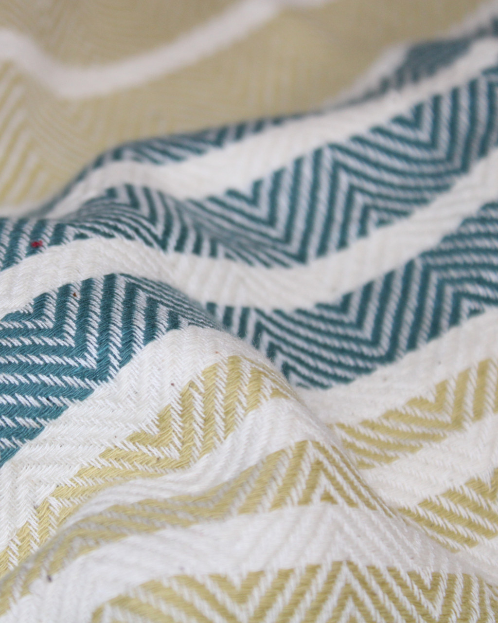 (1442) Cotton and khadi  Azo-free dyed throw from Bihar - Mustard yellow, green, stripes, piped fringes, white