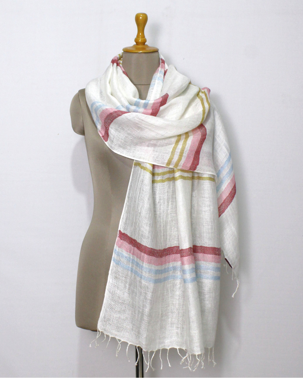 (1577) Linen Azo-free dyed stole from Bihar - Light pink, sky blue, red, mustard yellow, stripes