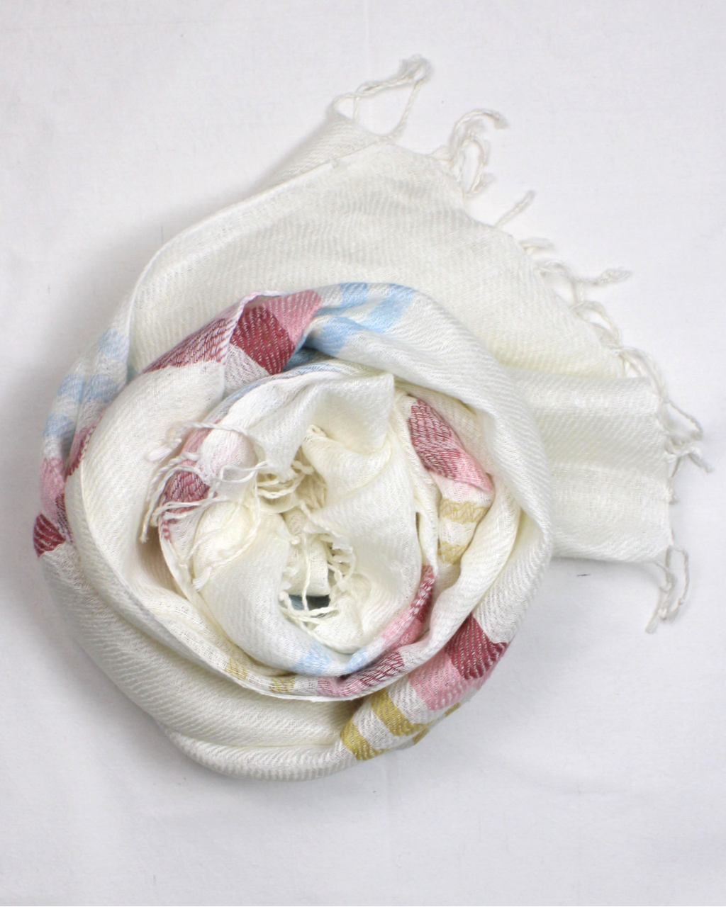 (1577) Linen Azo-free dyed stole from Bihar - Light pink, sky blue, red, mustard yellow, stripes