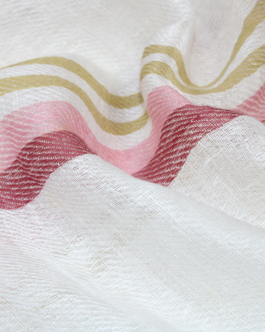 (1577) Linen Azo-free dyed stole from Bihar - Light pink, sky blue, red, mustard yellow, stripes