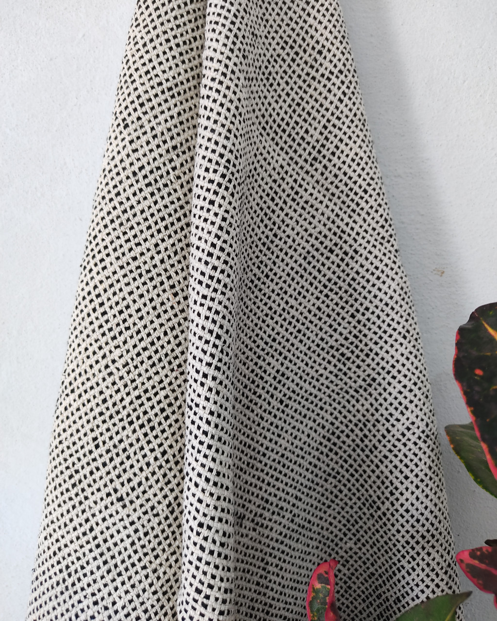 (44) Handspun silk noil Azo-free dyed yardage from Bihar - Textured, checks, black, white, kora
